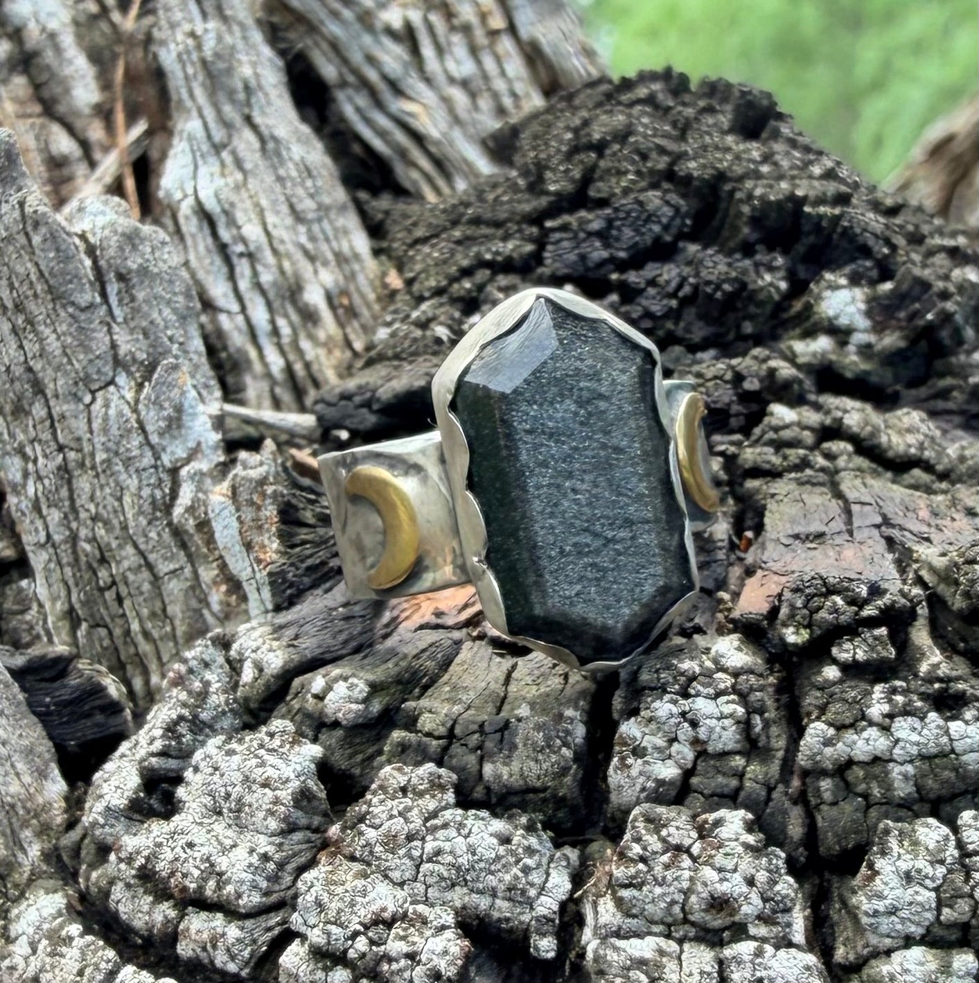 Silver Sheen Obsidian Crescent Moon Ring