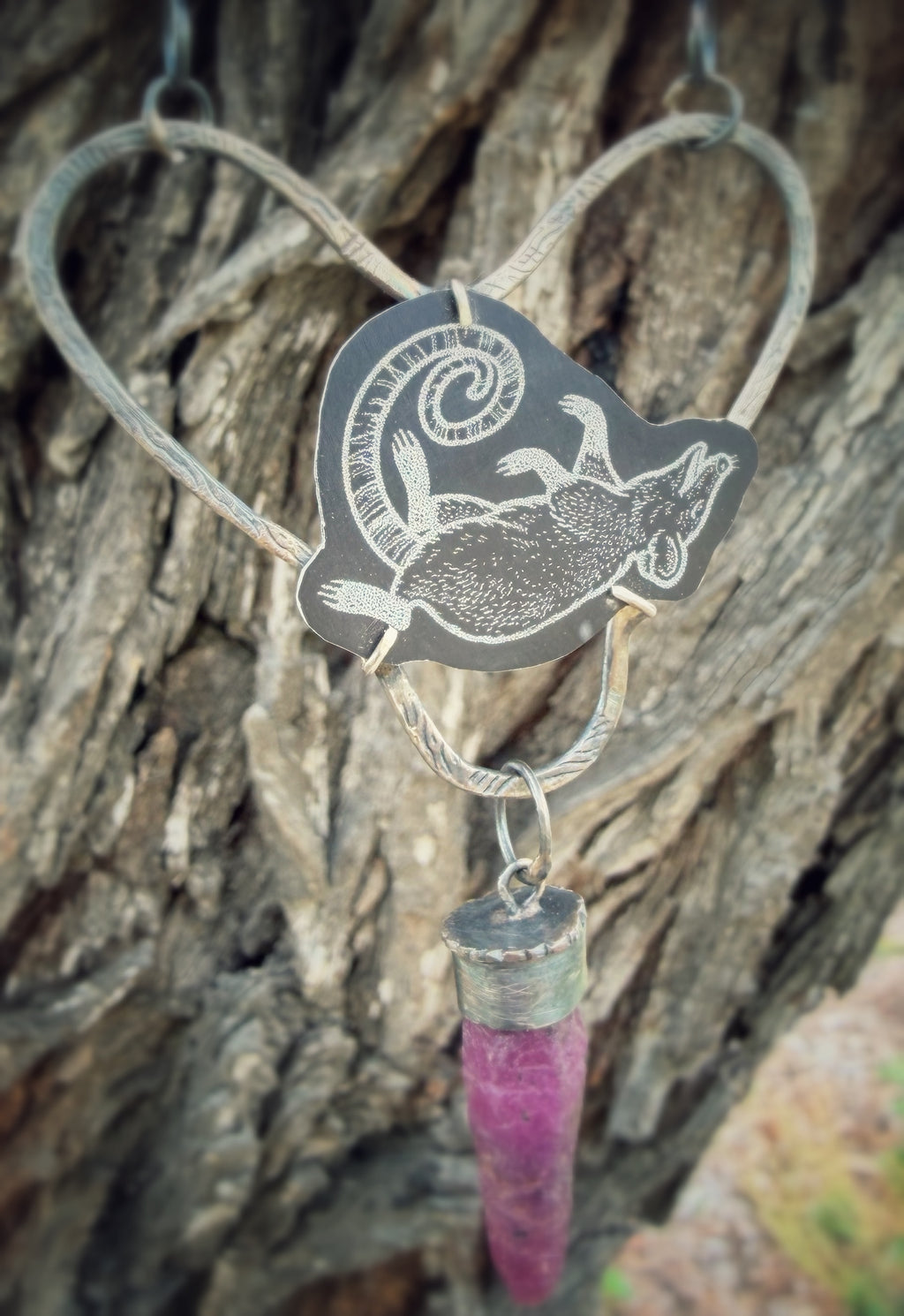 Play Dead Opossum Love Heart Raw Ruby Necklace