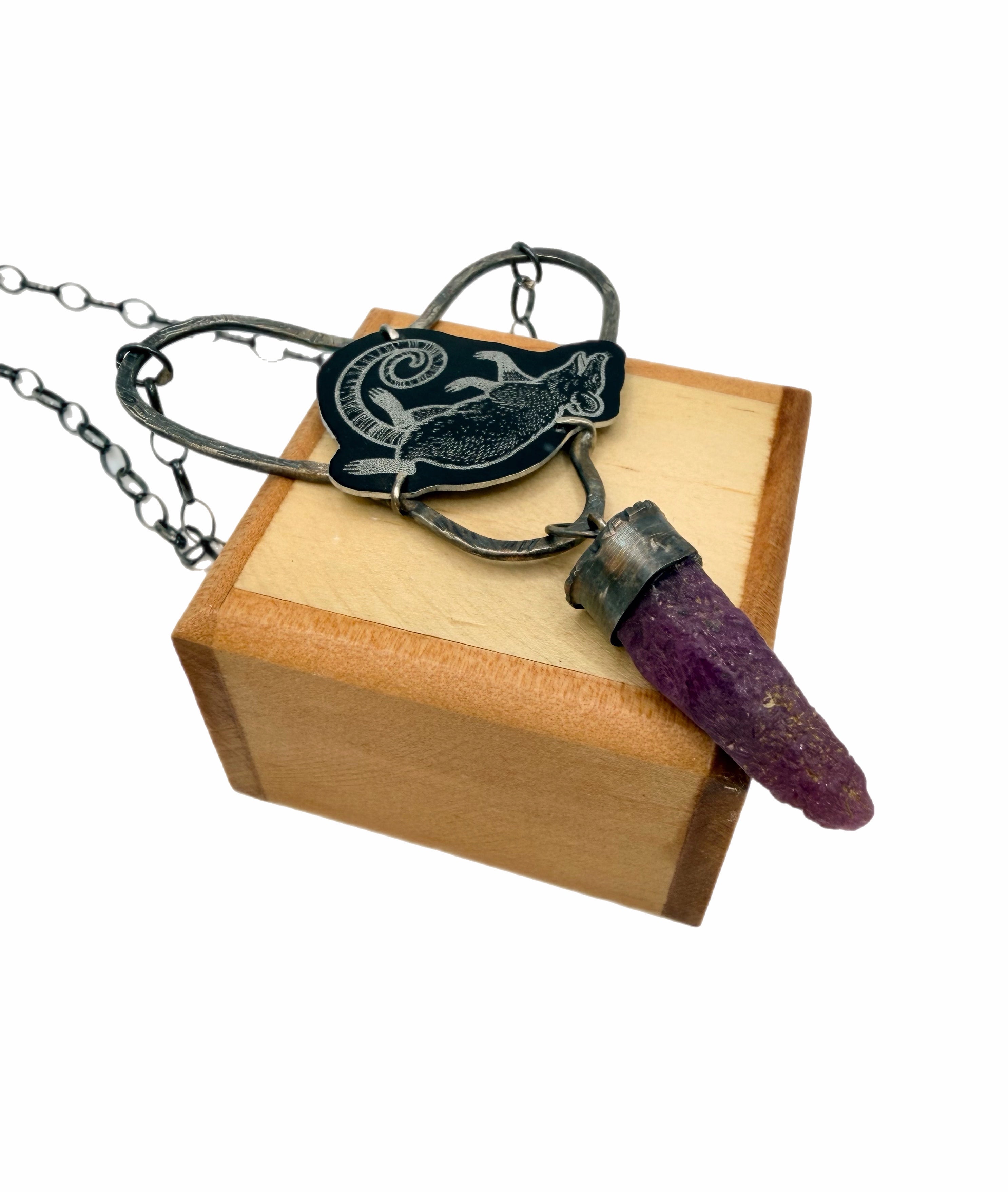 Play Dead Opossum Love Heart Raw Ruby Necklace
