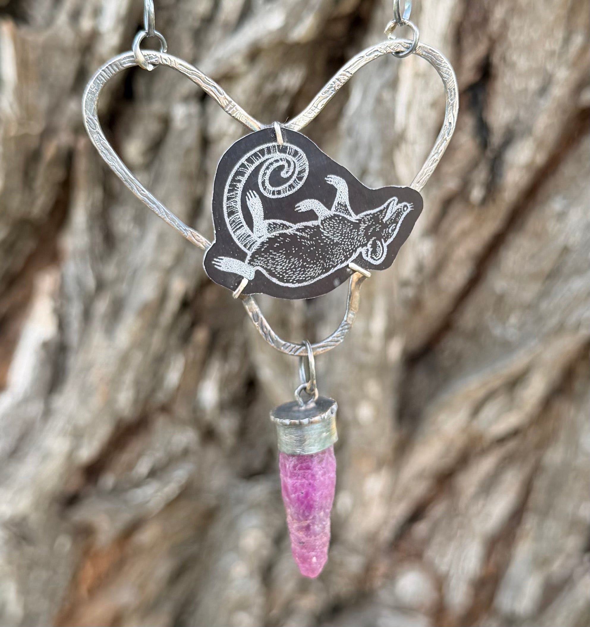 Play Dead Opossum Love Heart Raw Ruby Necklace