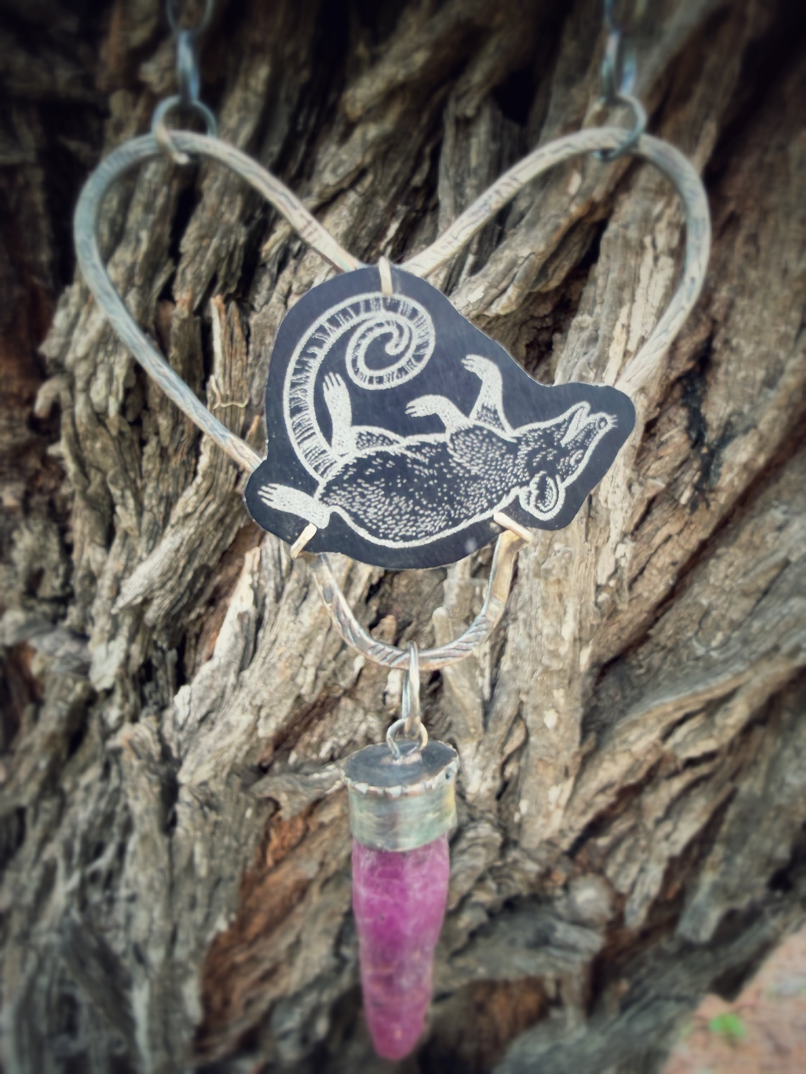 Play Dead Opossum Love Heart Raw Ruby Necklace