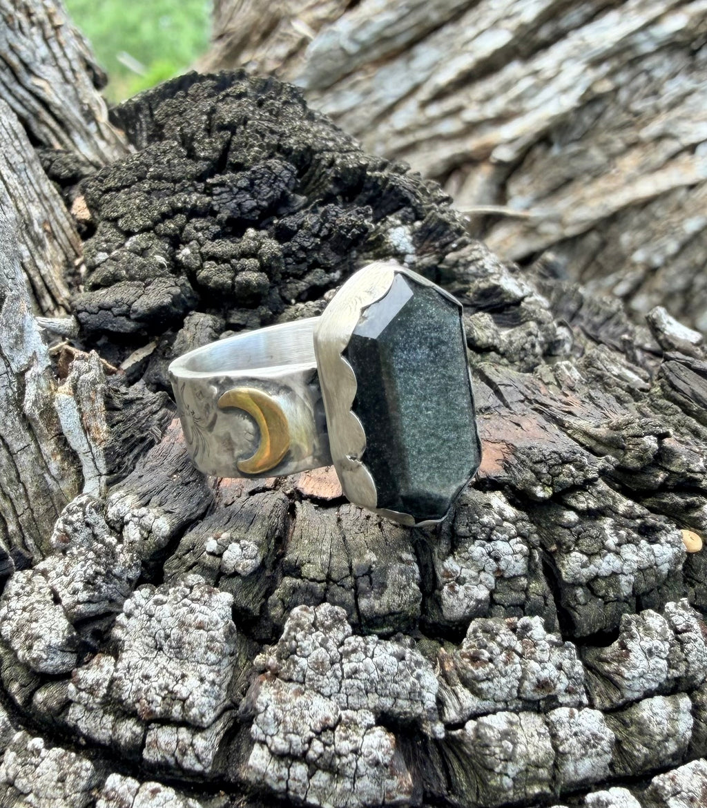 Silver Sheen Obsidian Crescent Moon Ring