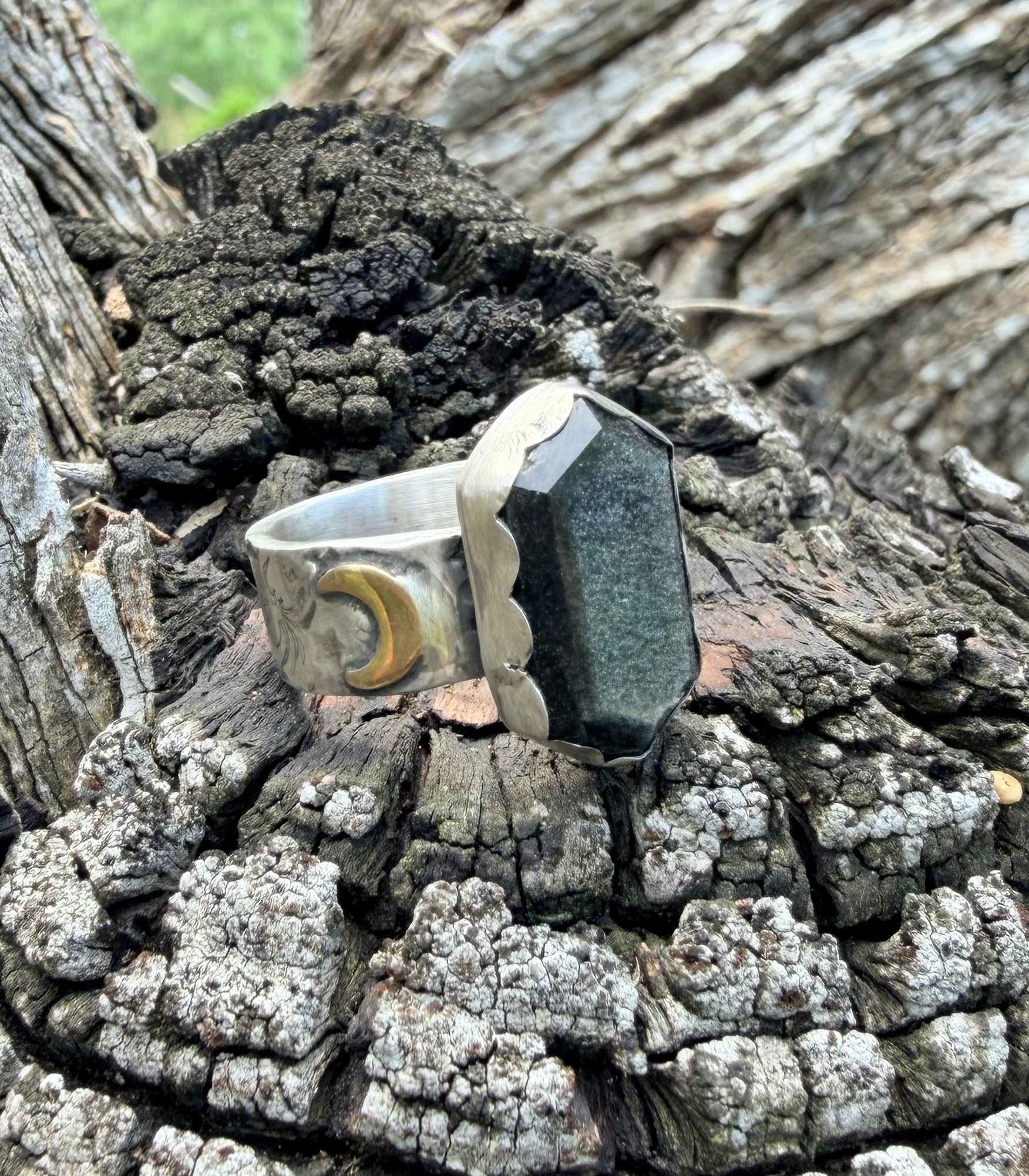 Silver Sheen Obsidian Crescent Moon Ring