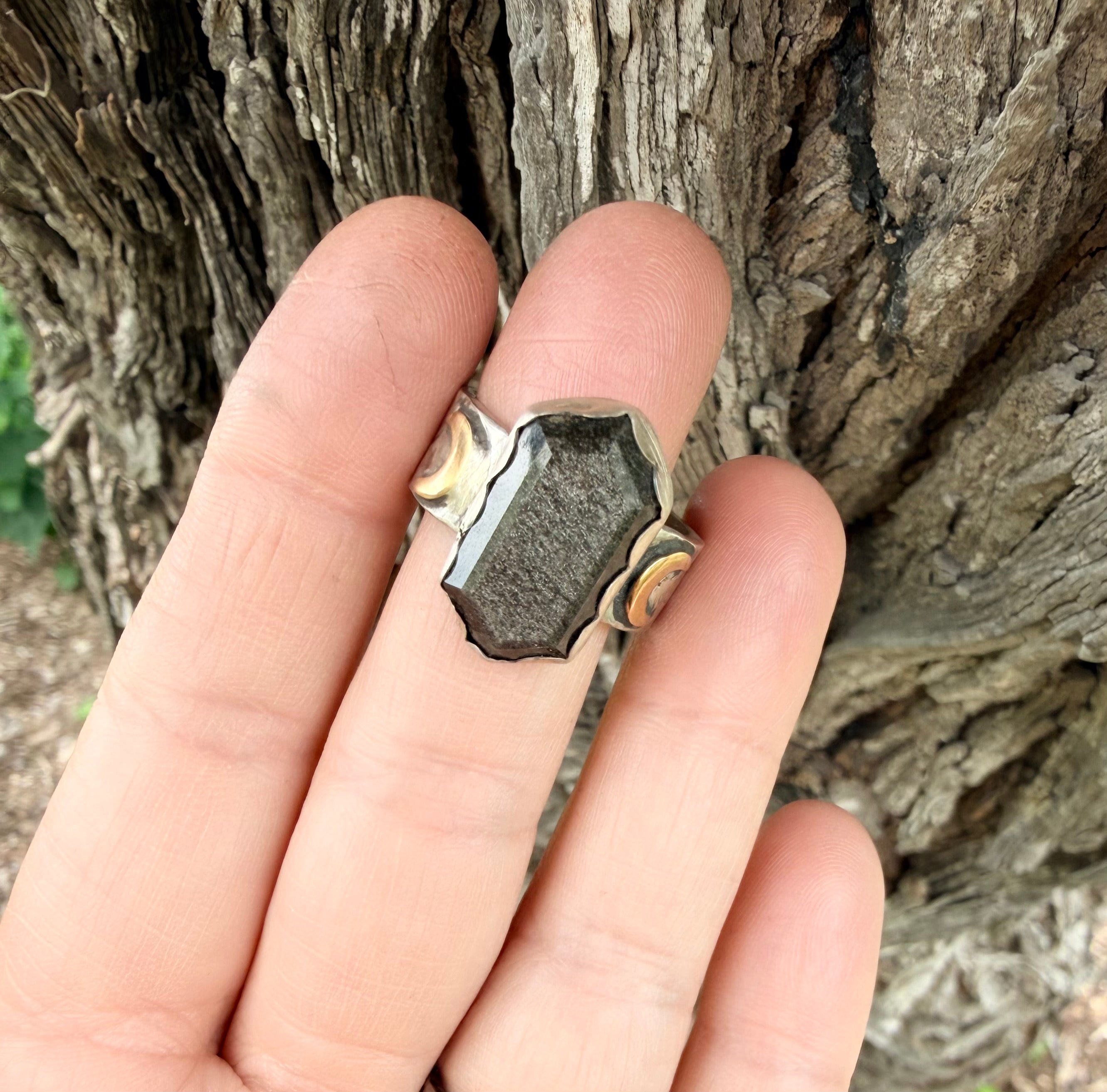 Silver Sheen Obsidian Crescent Moon Ring