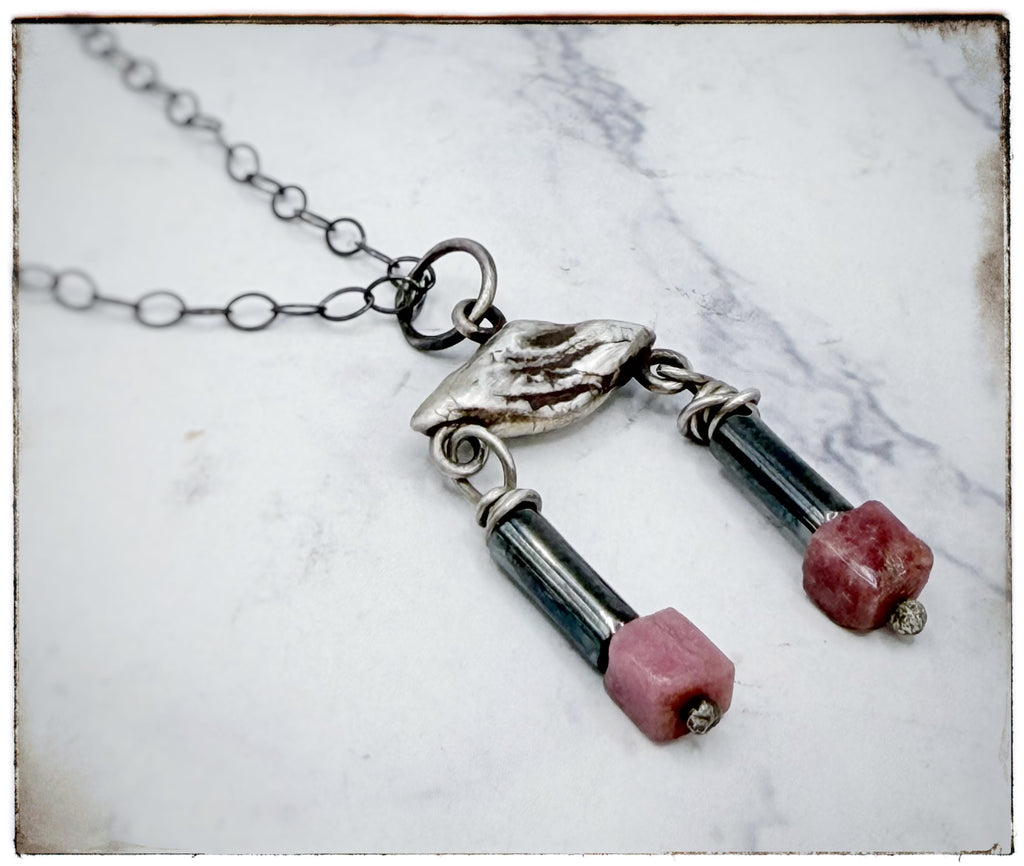 Tiny Silver Geometric Rhodonite and Hematite Bead necklace