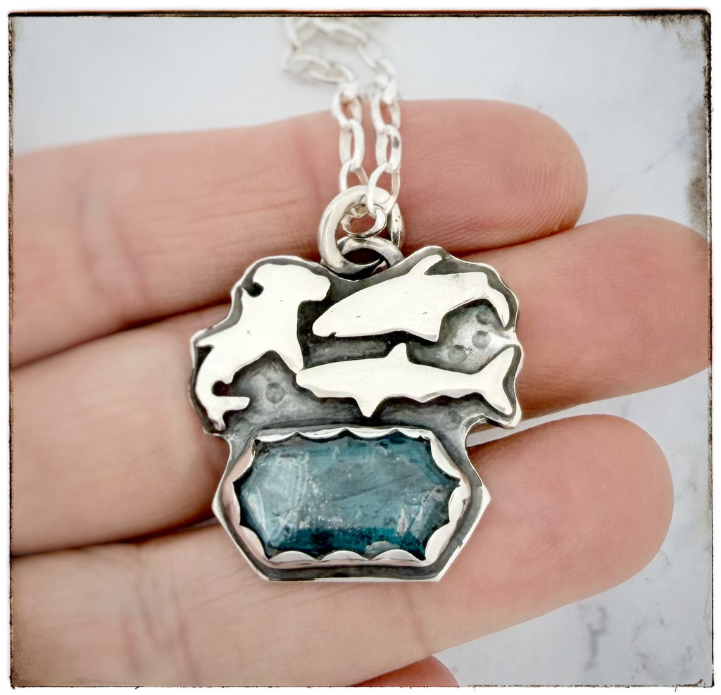 Hexagonal Teal Moss Kyanite Sharks Necklace