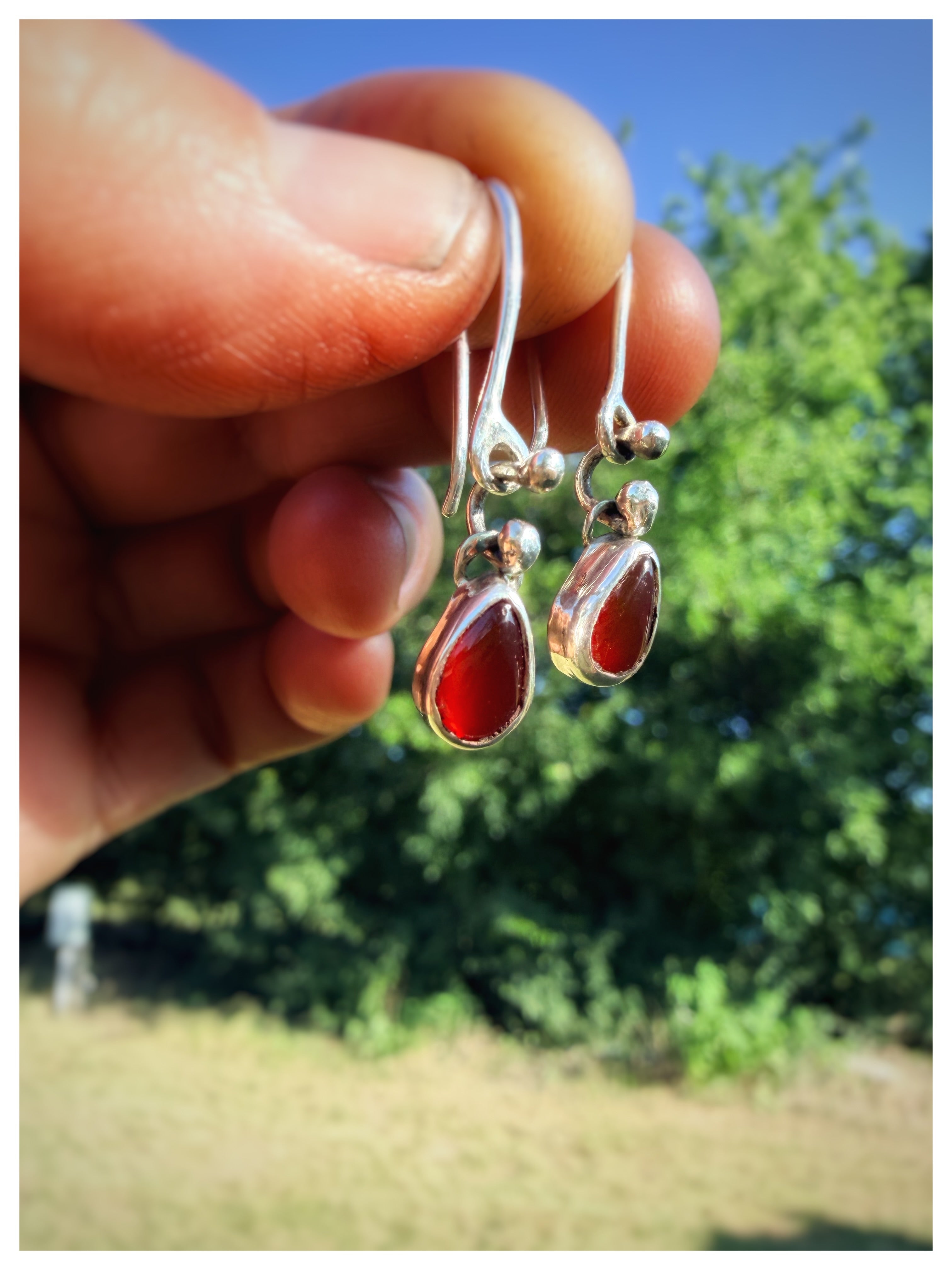 Tiny Carnelian Teardrop Dangle Sterling Silver Earrings