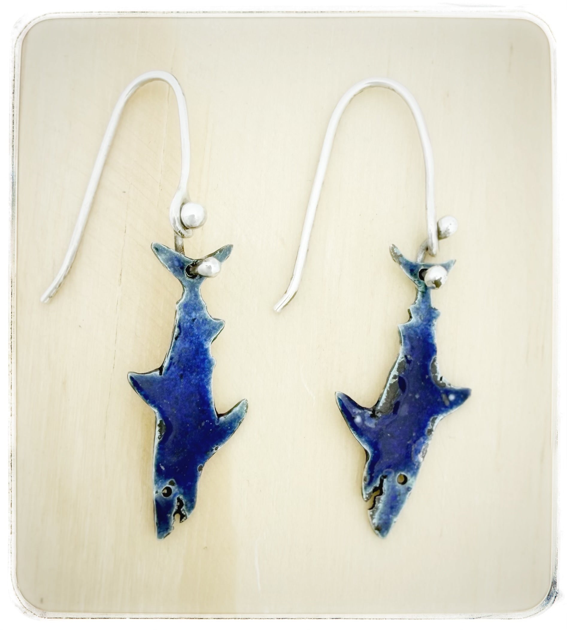 Blue Enamel Shark Dangle Earrings