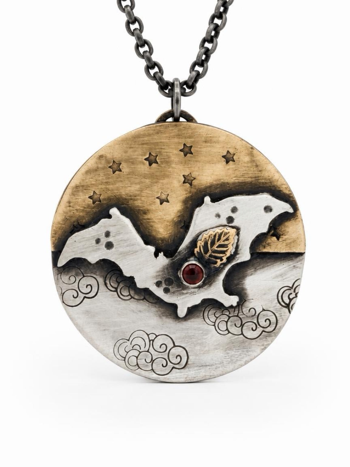 Full Moon Celestial Garnet Bat Sterling Silver Necklace