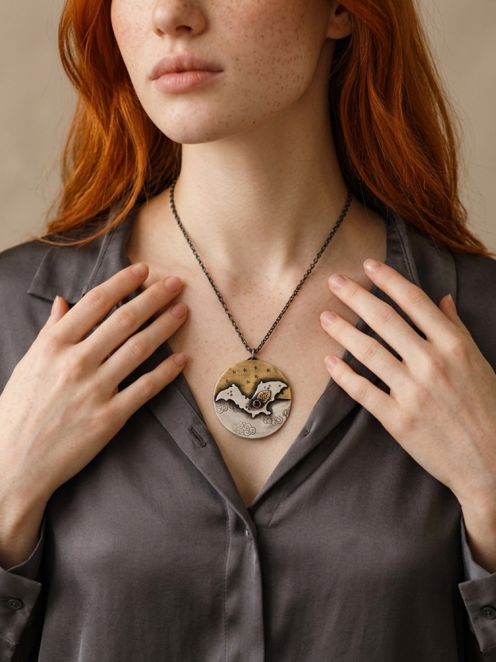 Full Moon Celestial Garnet Bat Sterling Silver Necklace
