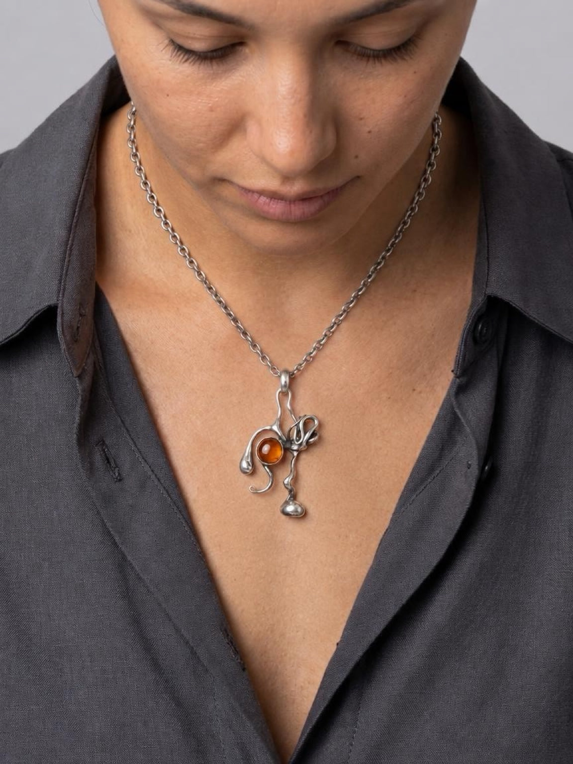 Sculptural Amber Dainty Sterling Silver Pendant