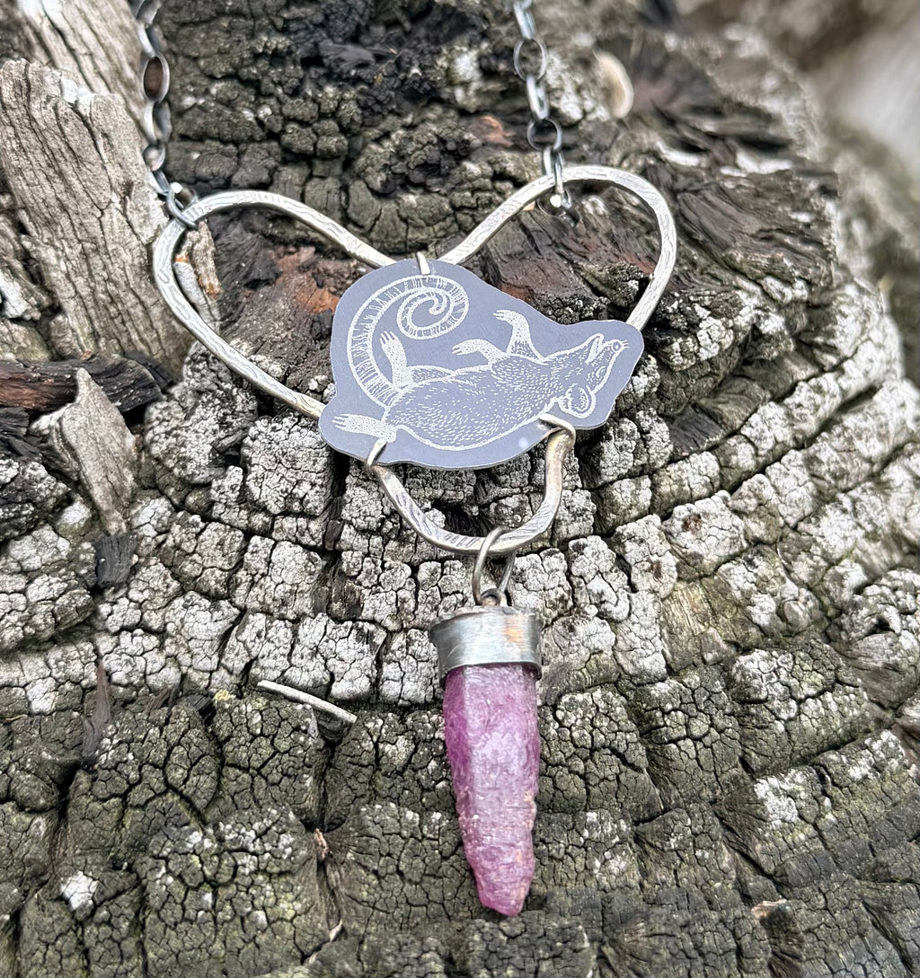 Play Dead Opossum Love Heart Raw Ruby Necklace