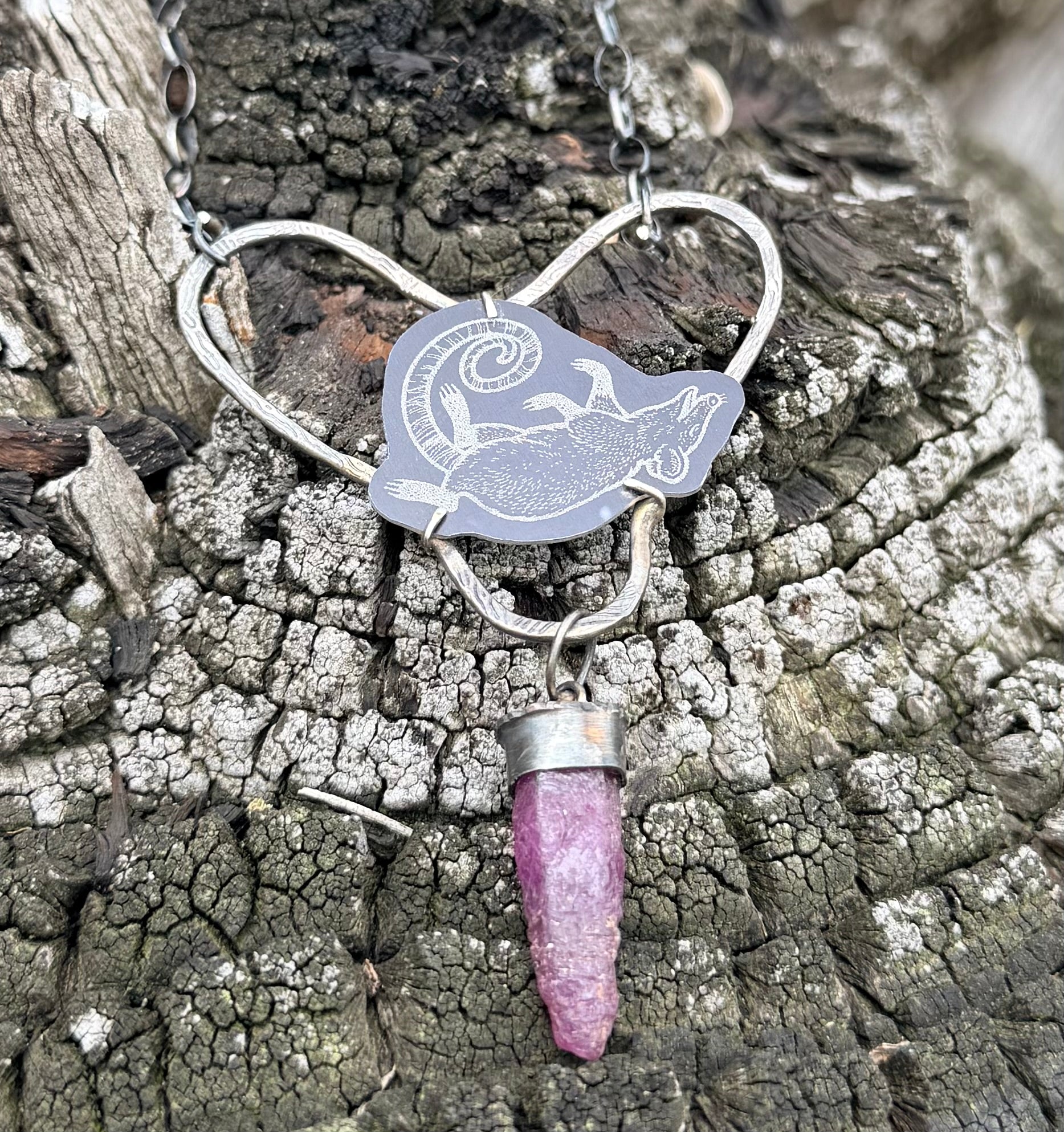 Play Dead Opossum Love Heart Raw Ruby Necklace