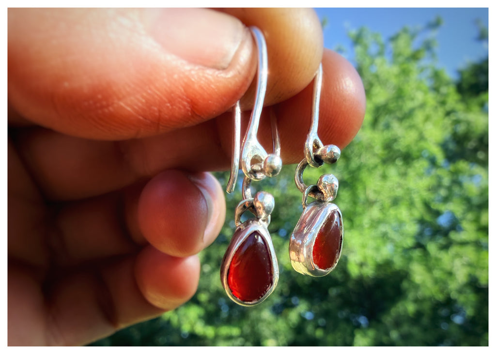 Tiny Carnelian Teardrop Dangle Sterling Silver Earrings