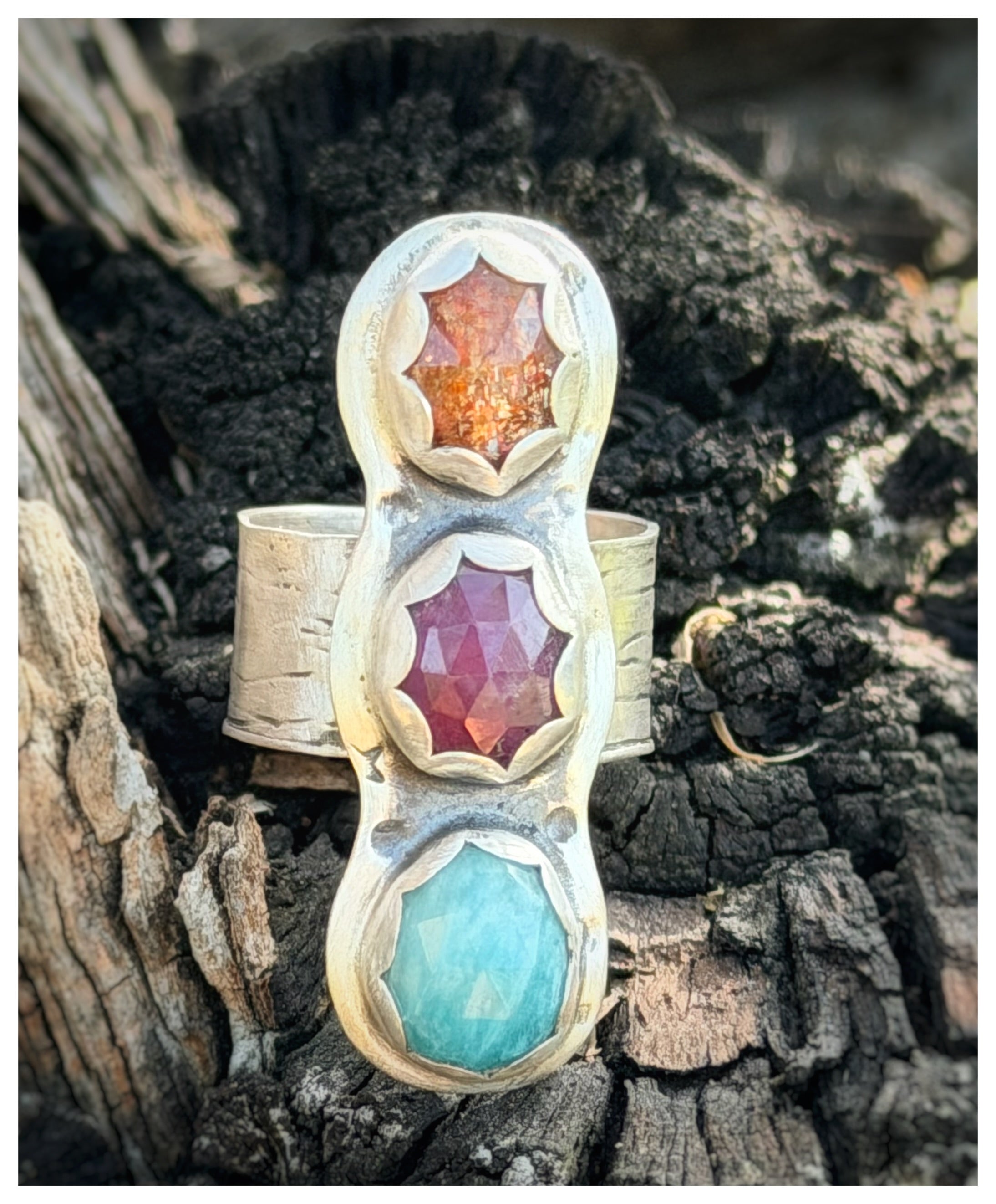 3 Stone Sterling Silver Rainbow Ring