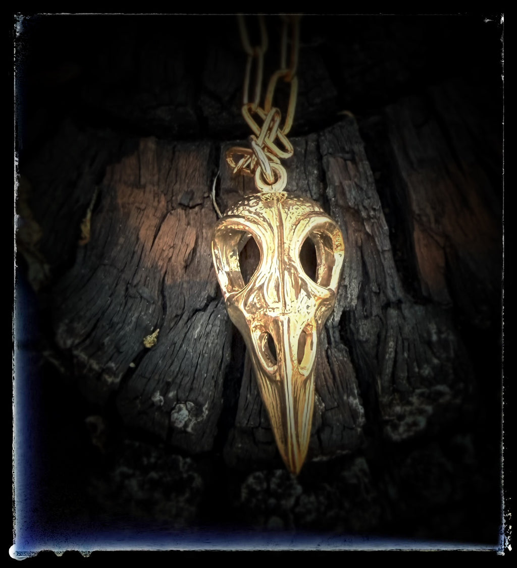 Bronze Raven Bird Skull Necklace