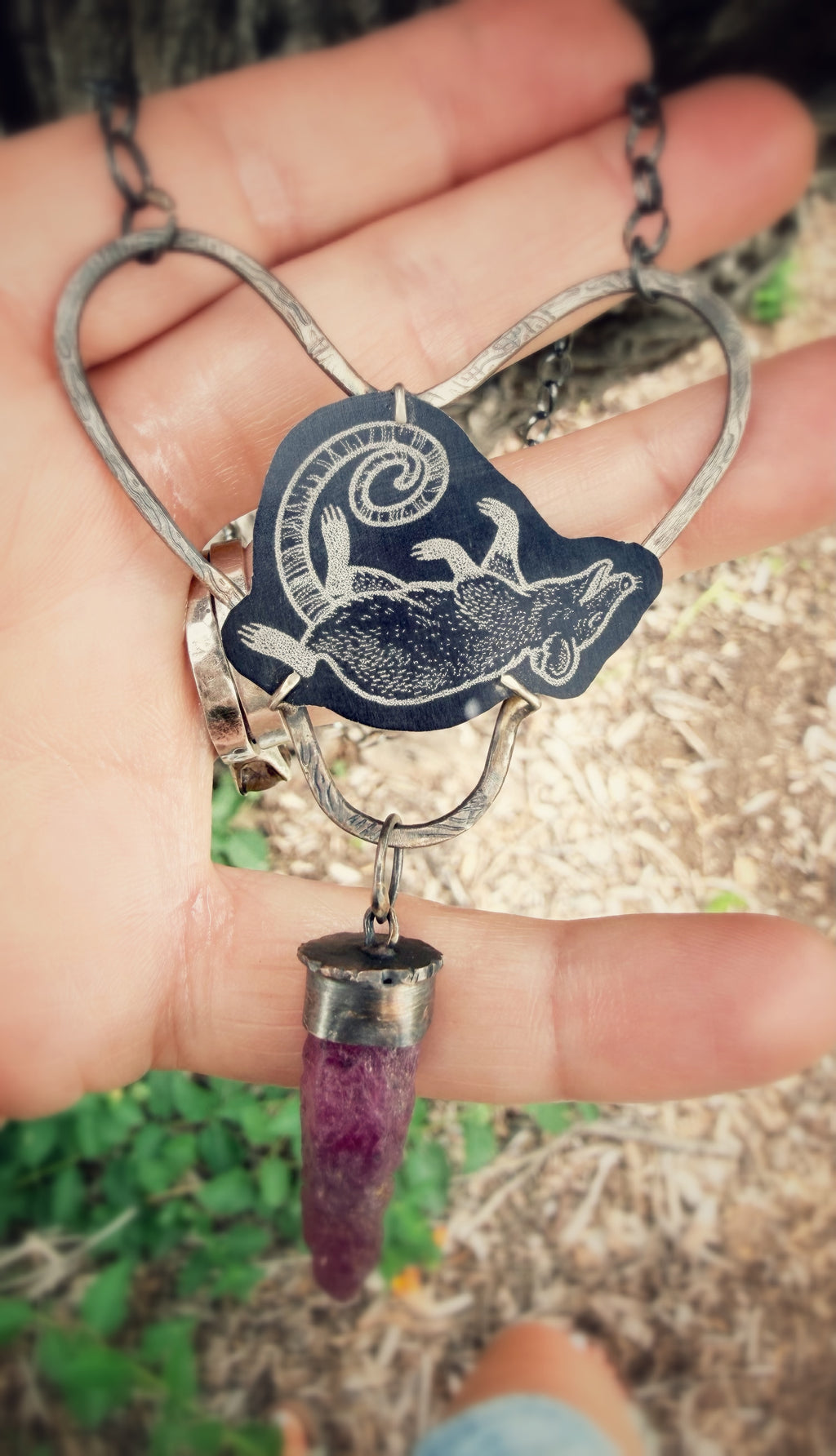 Play Dead Opossum Love Heart Raw Ruby Necklace
