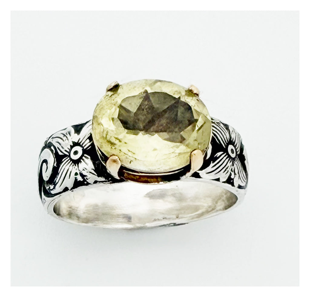 Floral Faceted Lemon Quartz Sterling Silver Band Ring