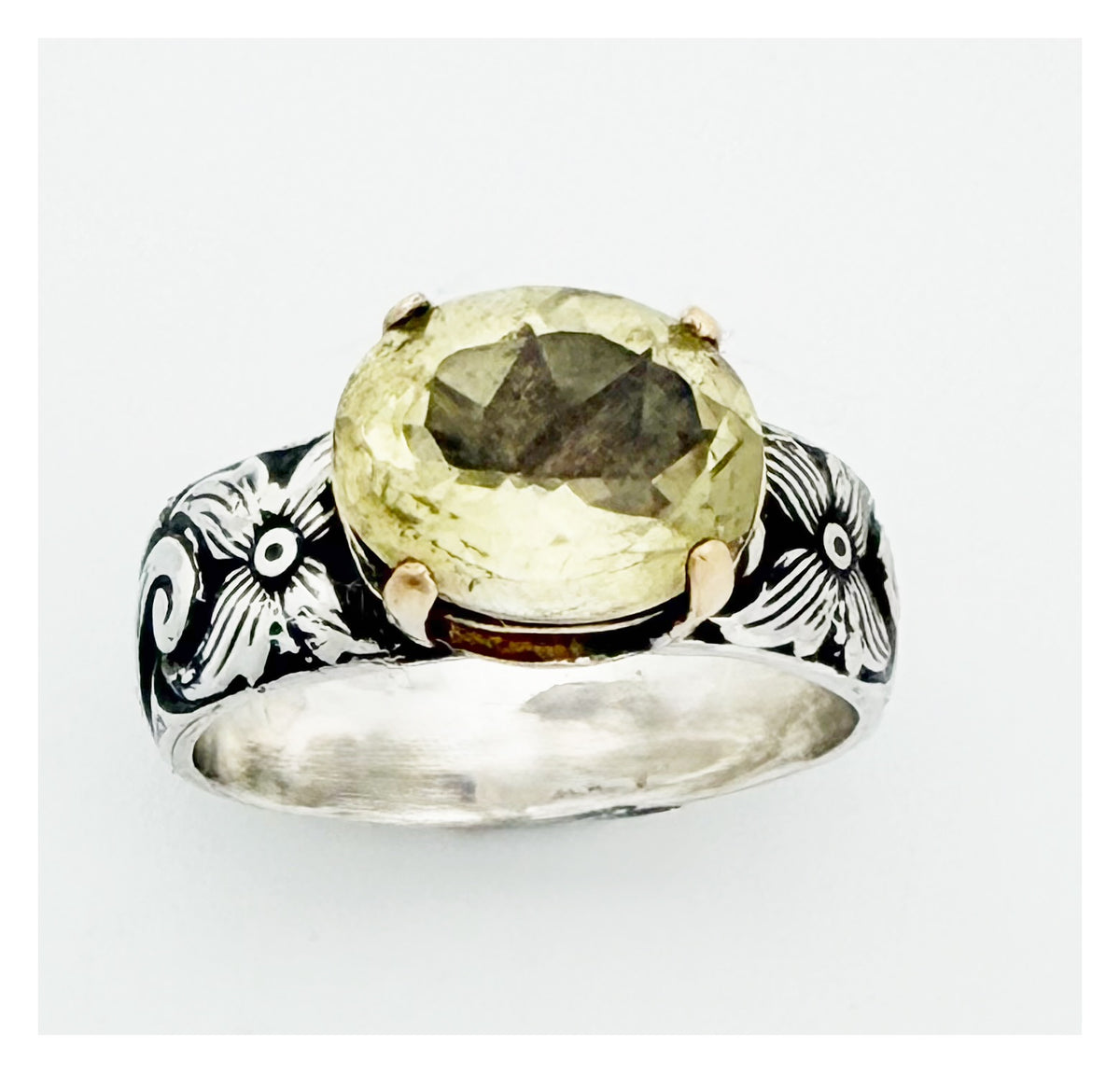 Floral Faceted Lemon Quartz Sterling Silver Band Ring
