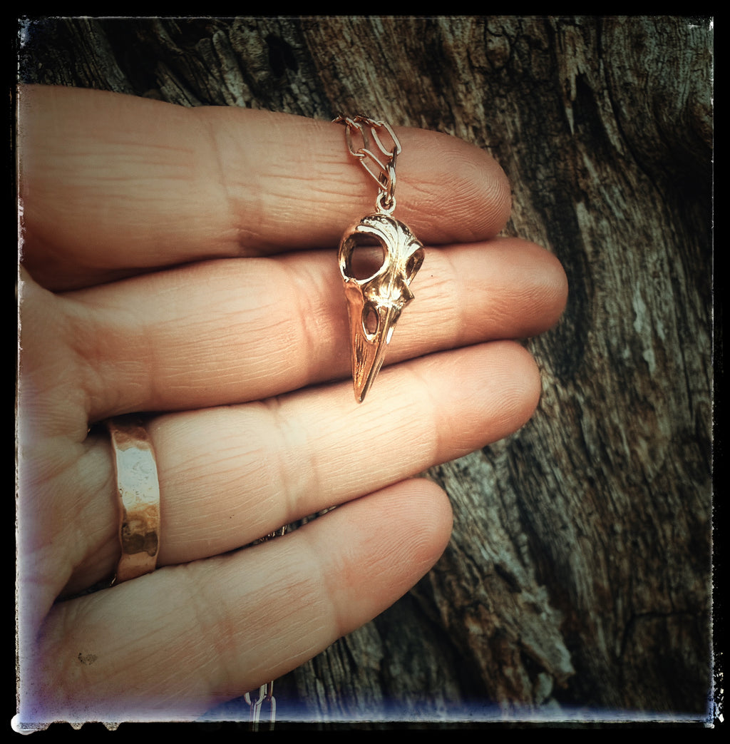 Bronze Raven Bird Skull Necklace