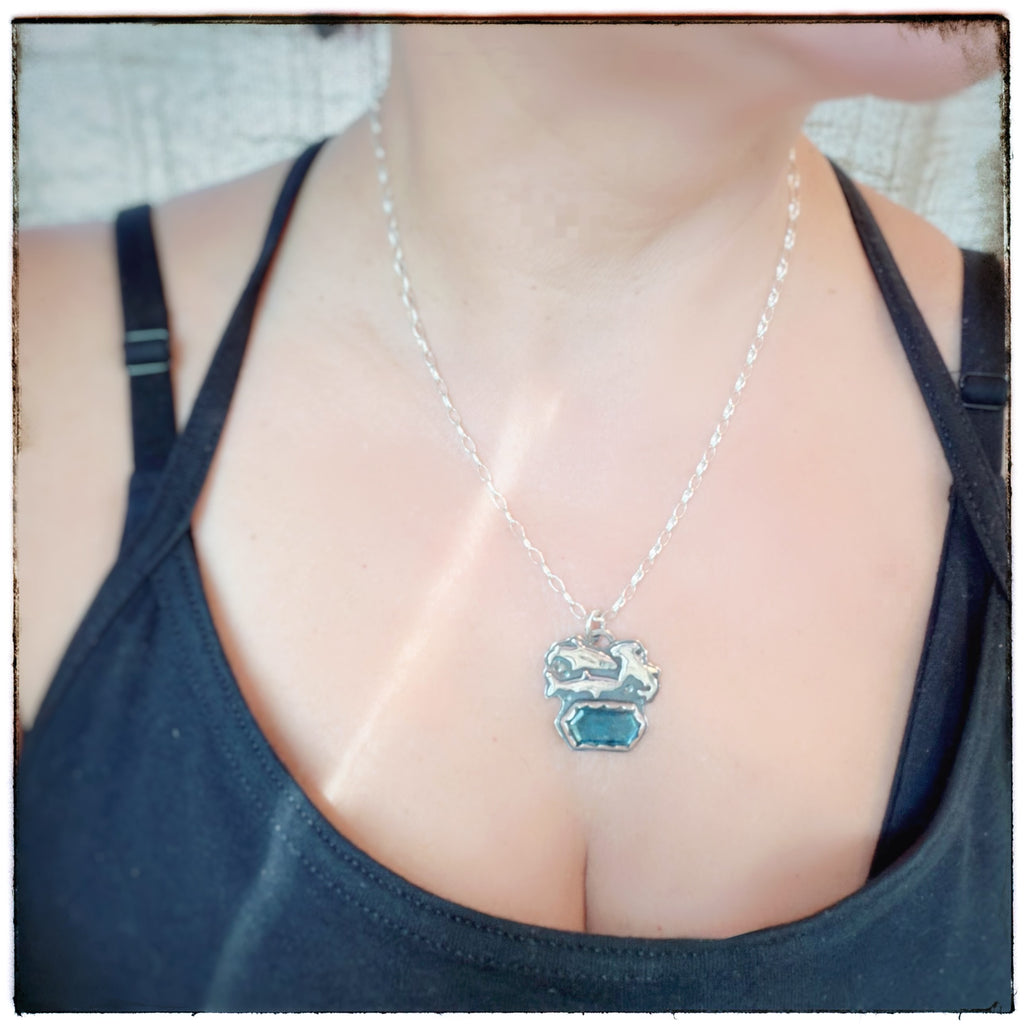 Hexagonal Teal Moss Kyanite Sharks Necklace