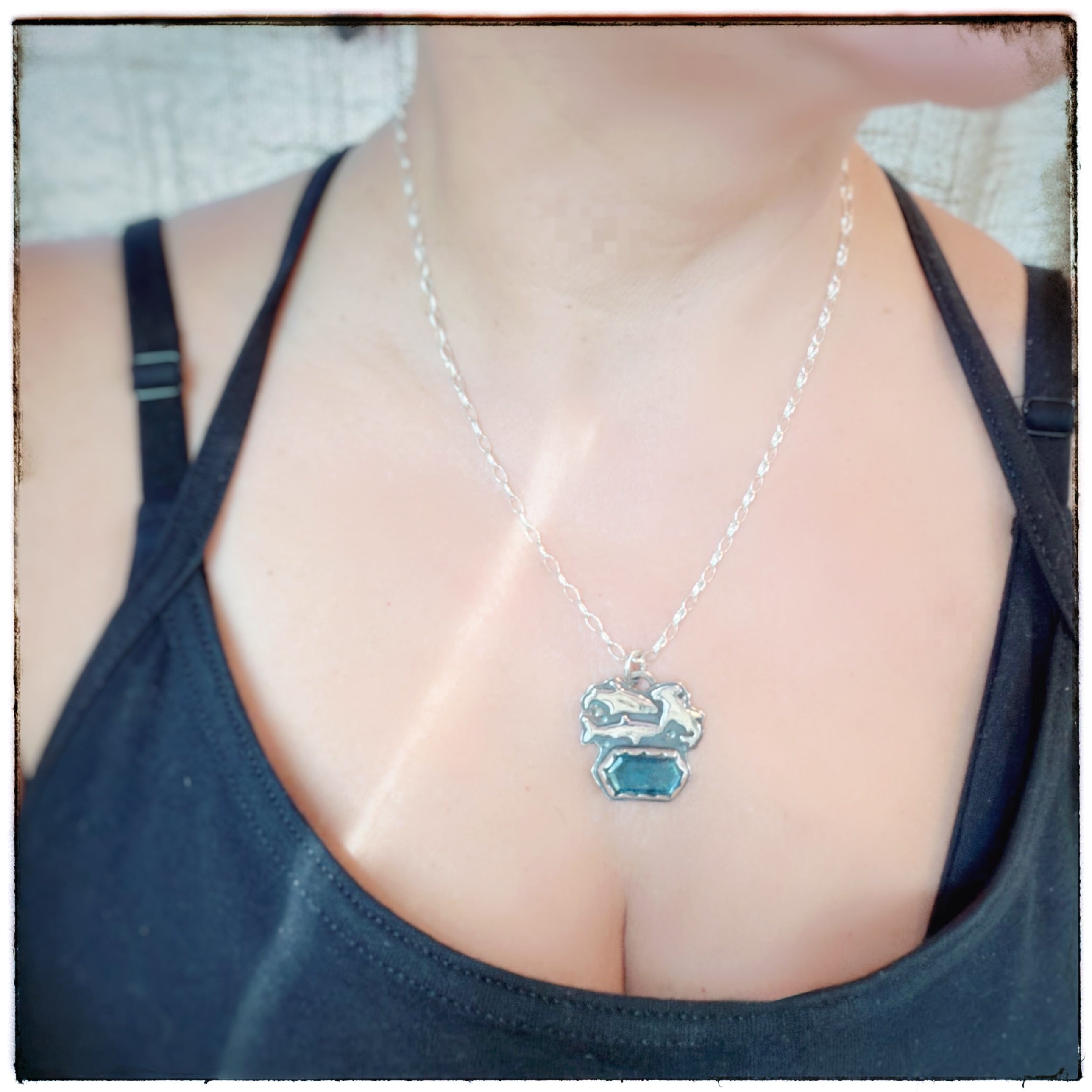 Hexagonal Teal Moss Kyanite Sharks Necklace