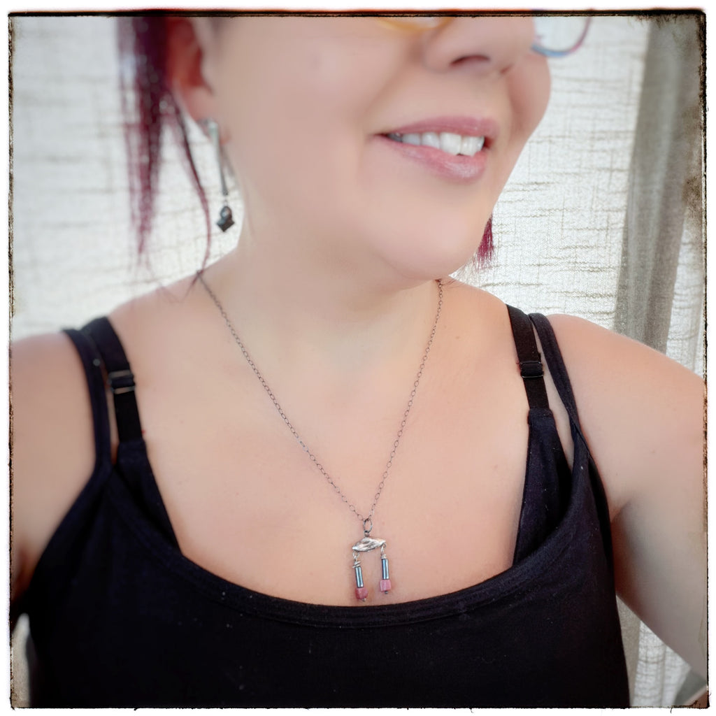 Tiny Silver Geometric Rhodonite and Hematite Bead necklace