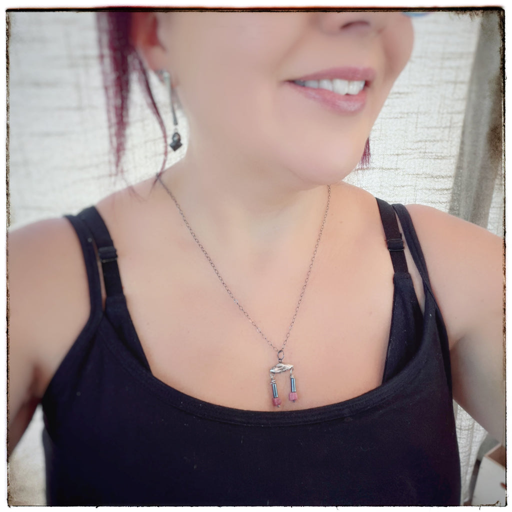 Tiny Silver Geometric Rhodonite and Hematite Bead necklace