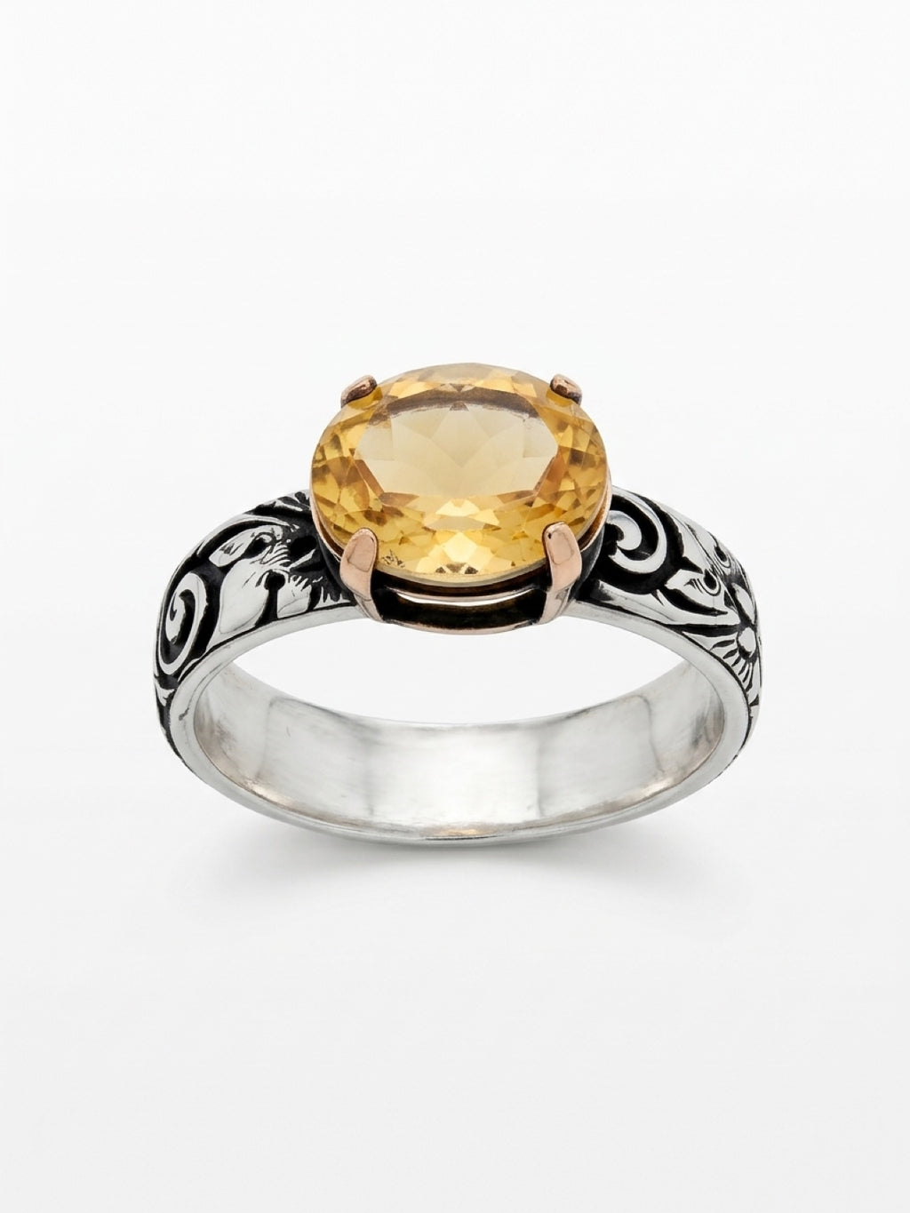 Floral Faceted Citrine Sterling Silver Band Ring