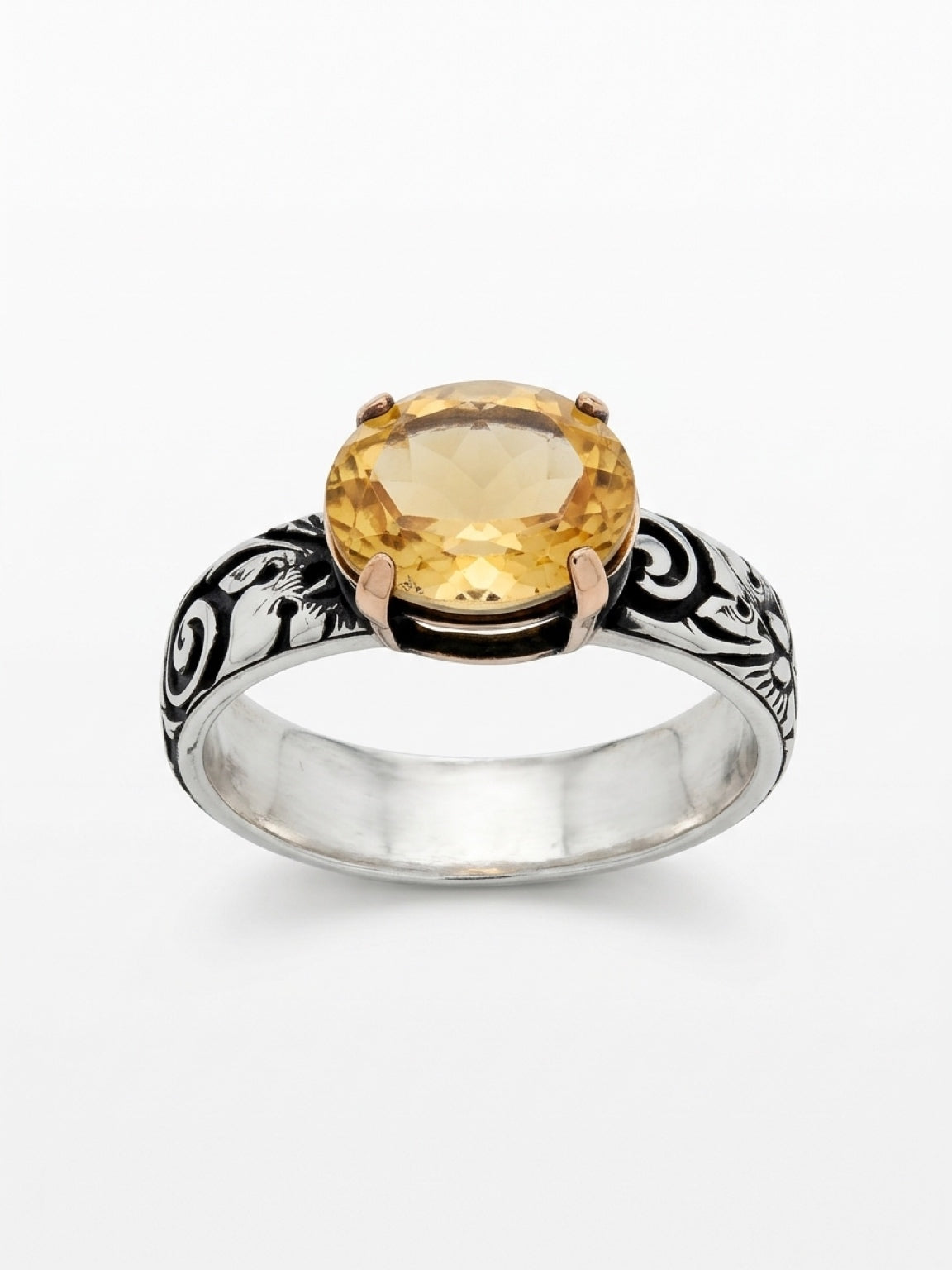 Floral Faceted Citrine Sterling Silver Band Ring