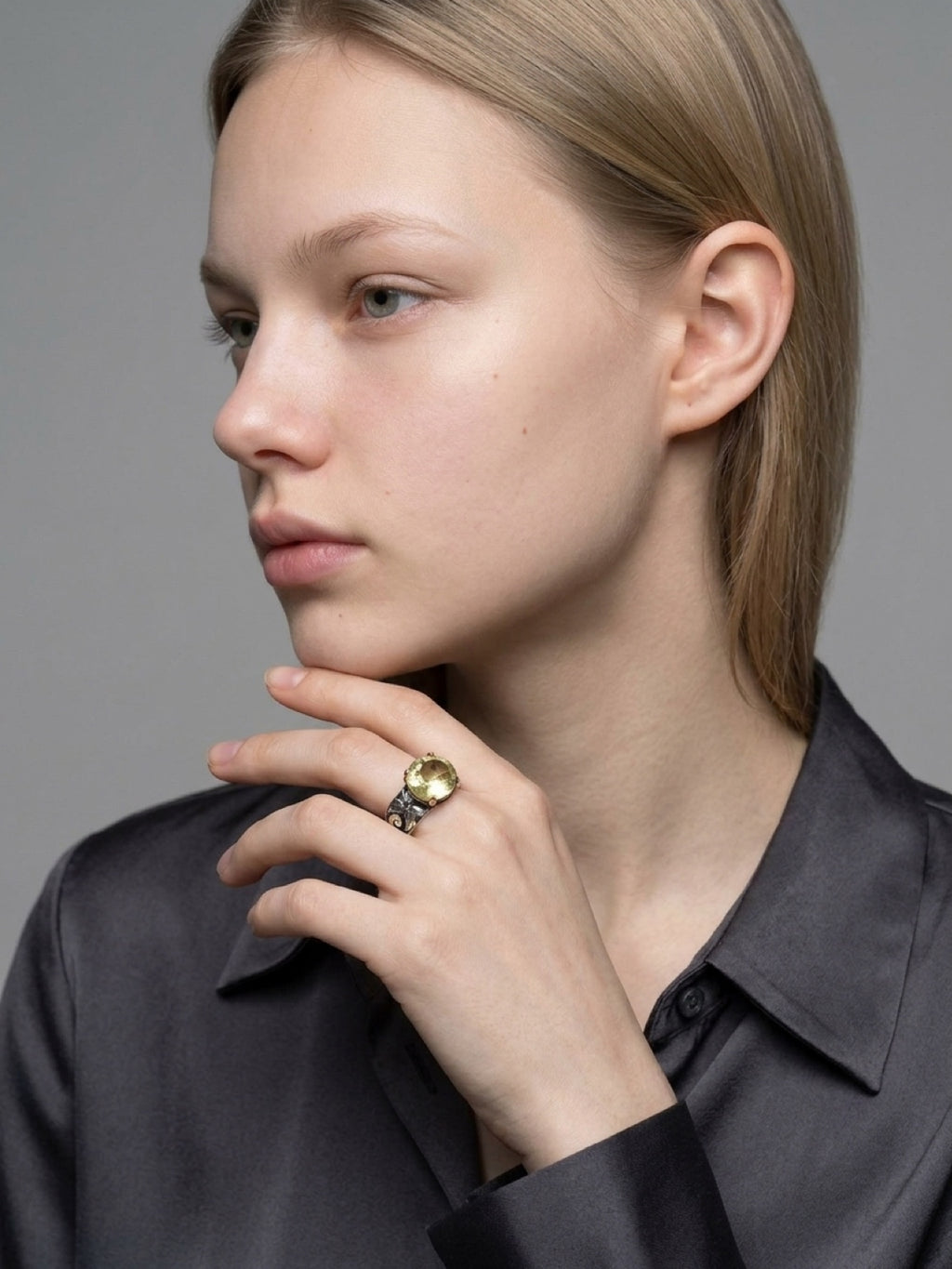 Floral Faceted Lemon Quartz Sterling Silver Band Ring