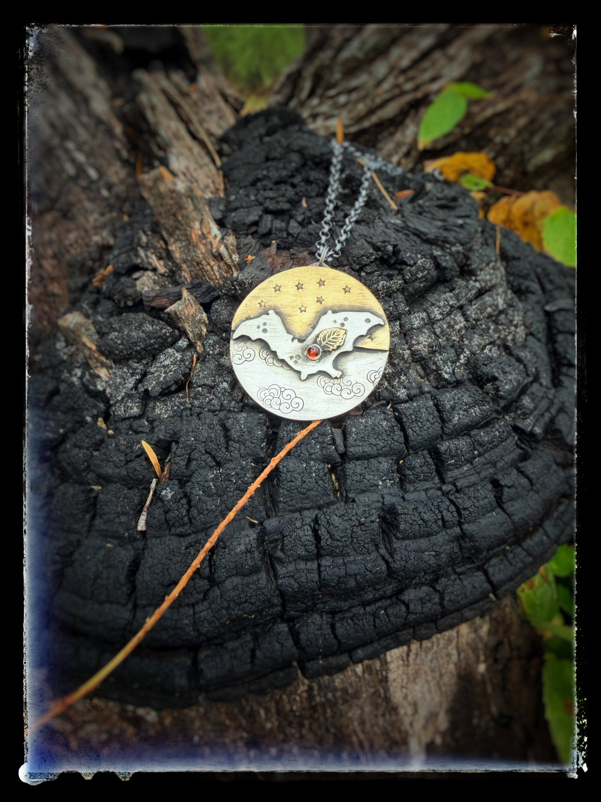 Full Moon Celestial Garnet Bat Sterling Silver Necklace