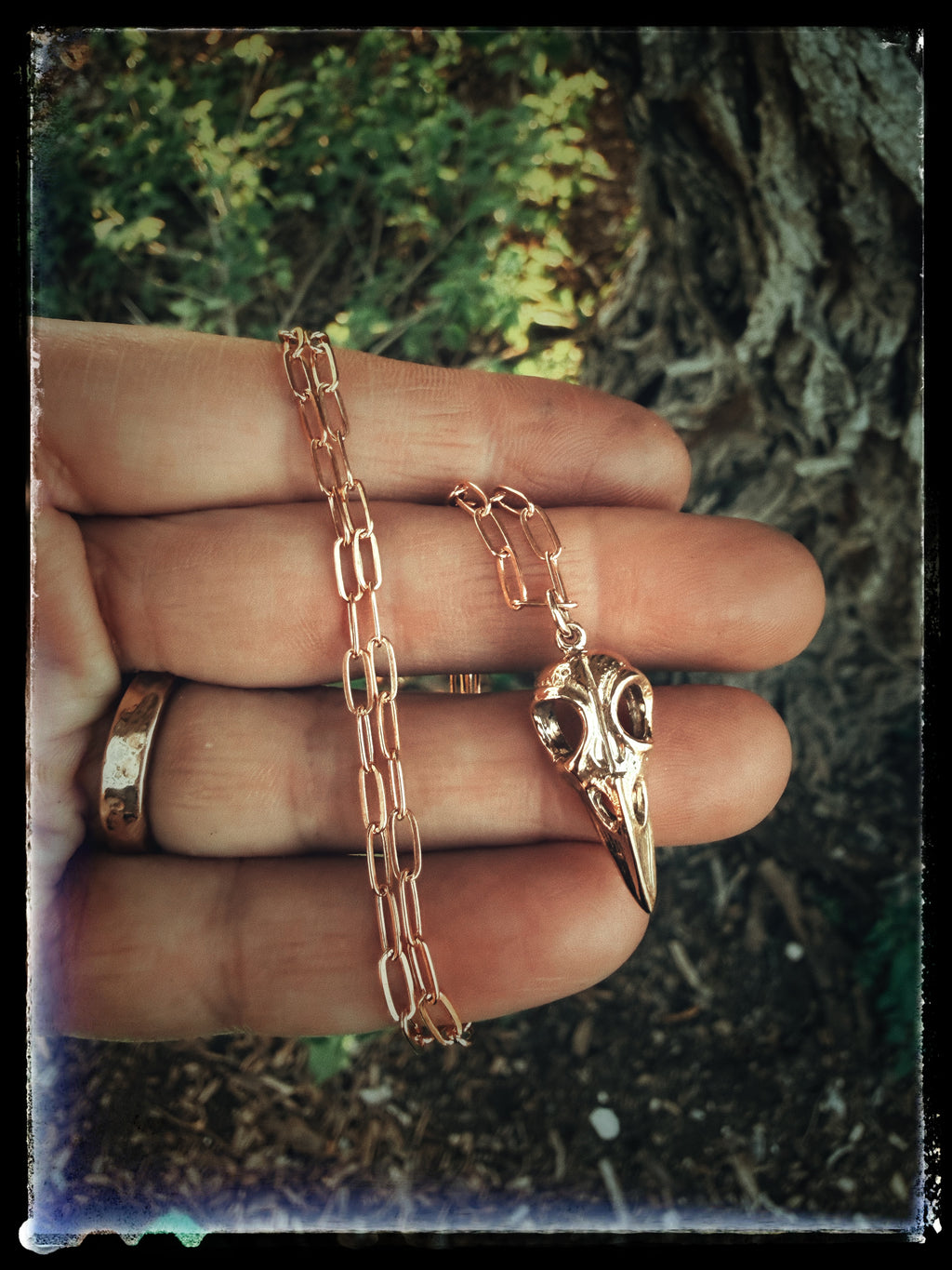 Bronze Raven Bird Skull Necklace