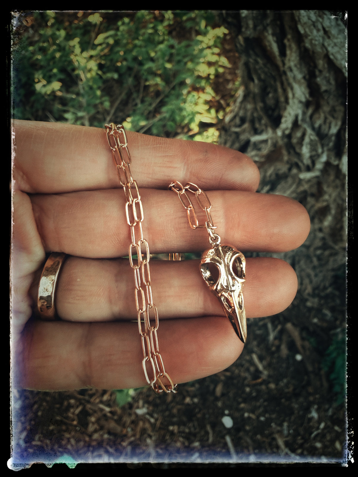 Bronze Raven Bird Skull Necklace