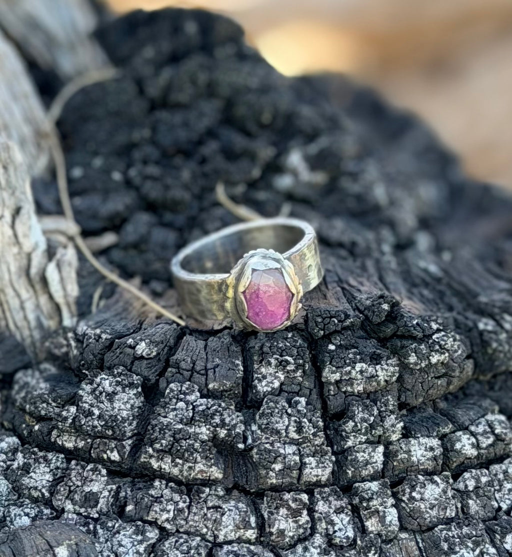Pink Tourmaline Rose Cut Sterling Silver Ring