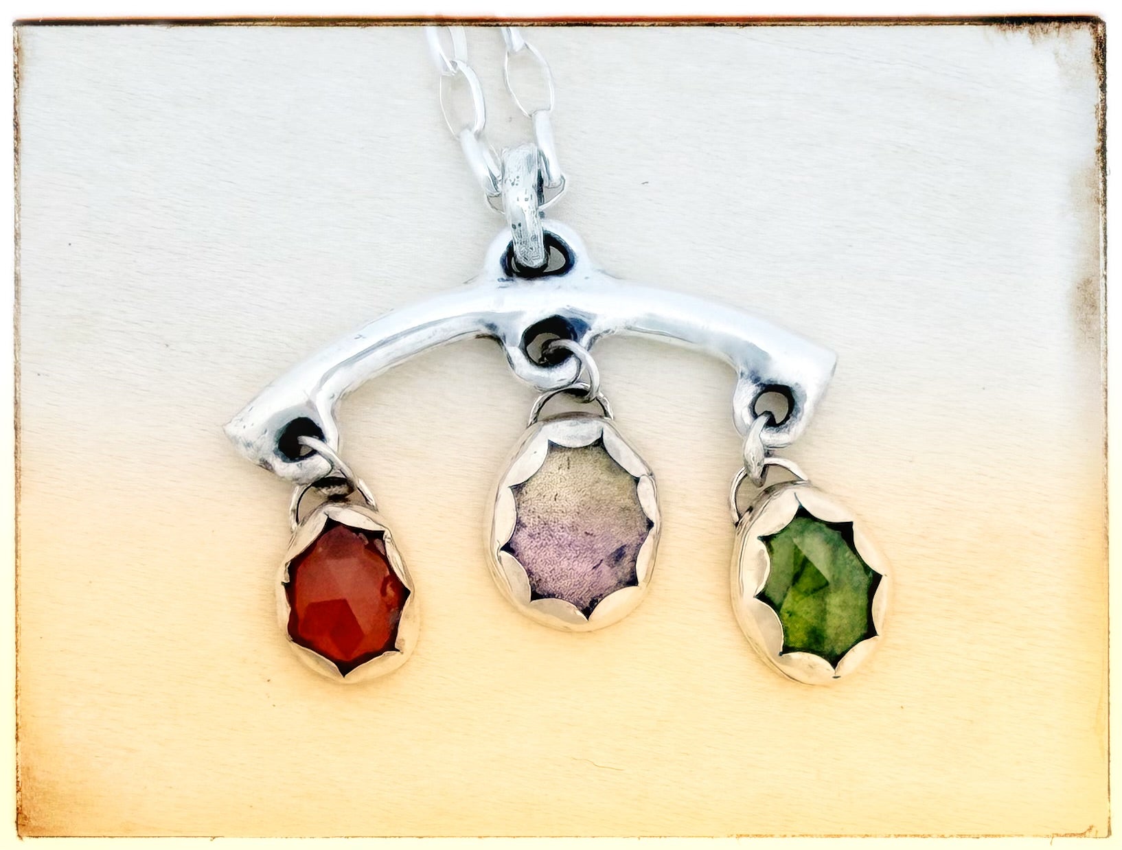 3 Rose-Cut Gemstone- Carnelian Ametrine Vesuvianite Necklace