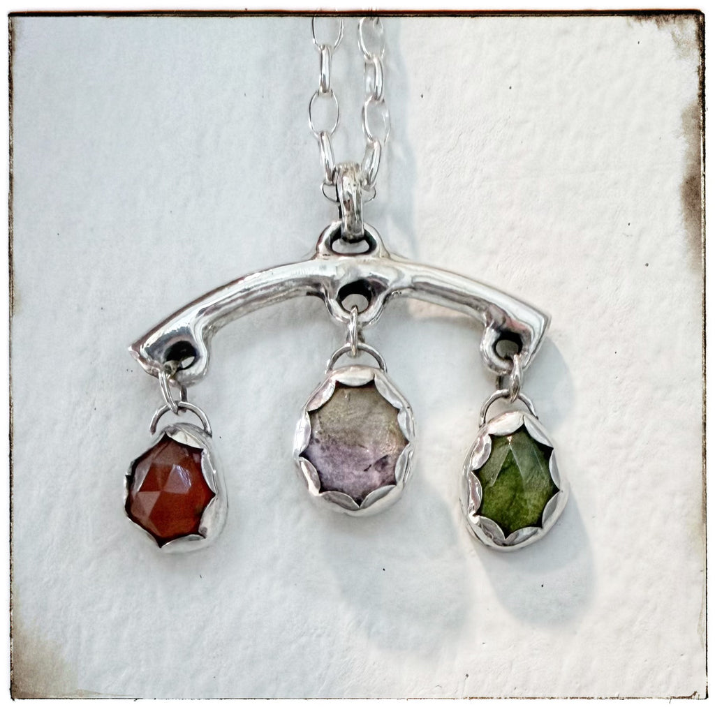 3 Rose-Cut Gemstone- Carnelian Ametrine Vesuvianite Necklace