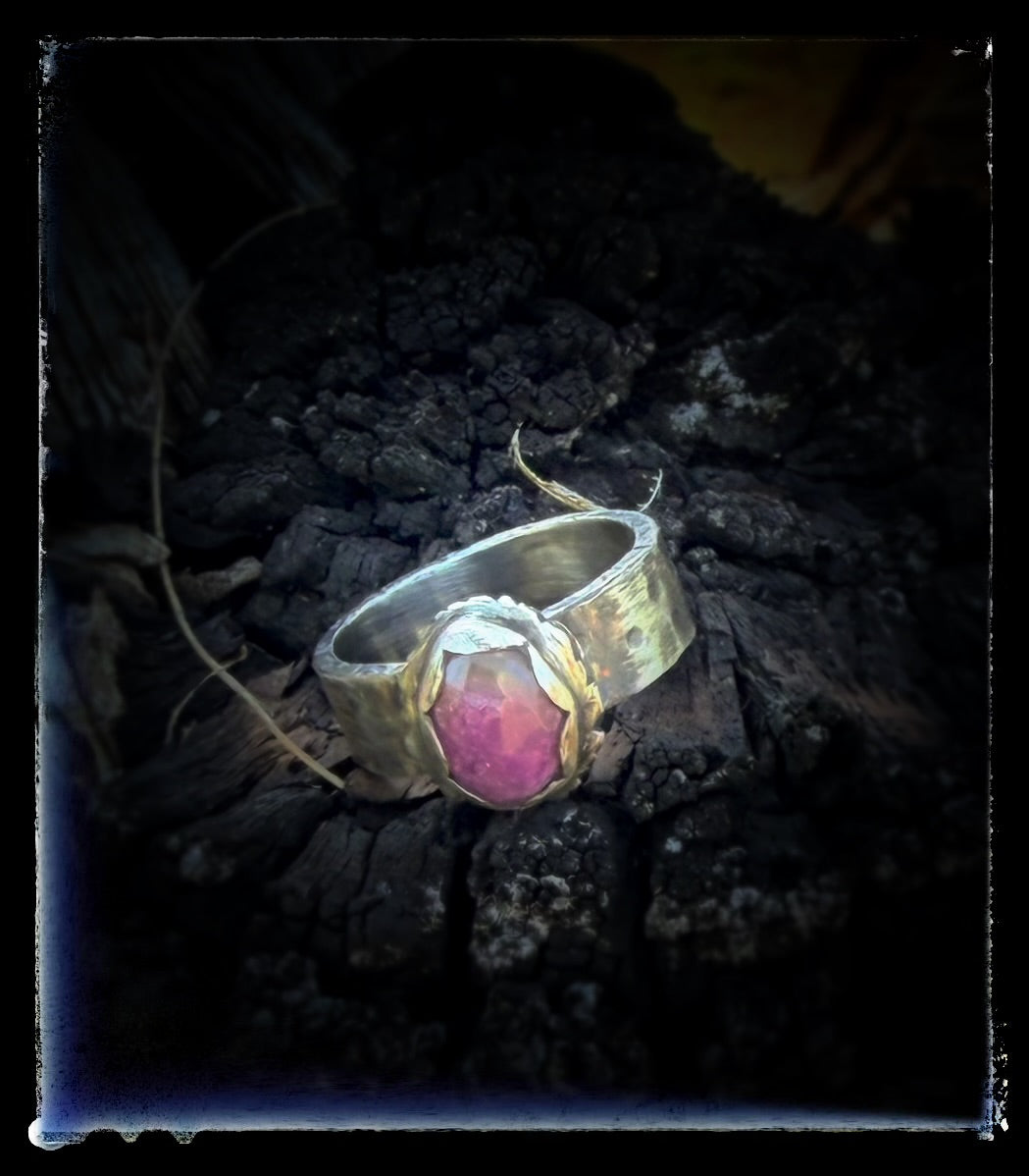 Pink Tourmaline Rose Cut Sterling Silver Ring