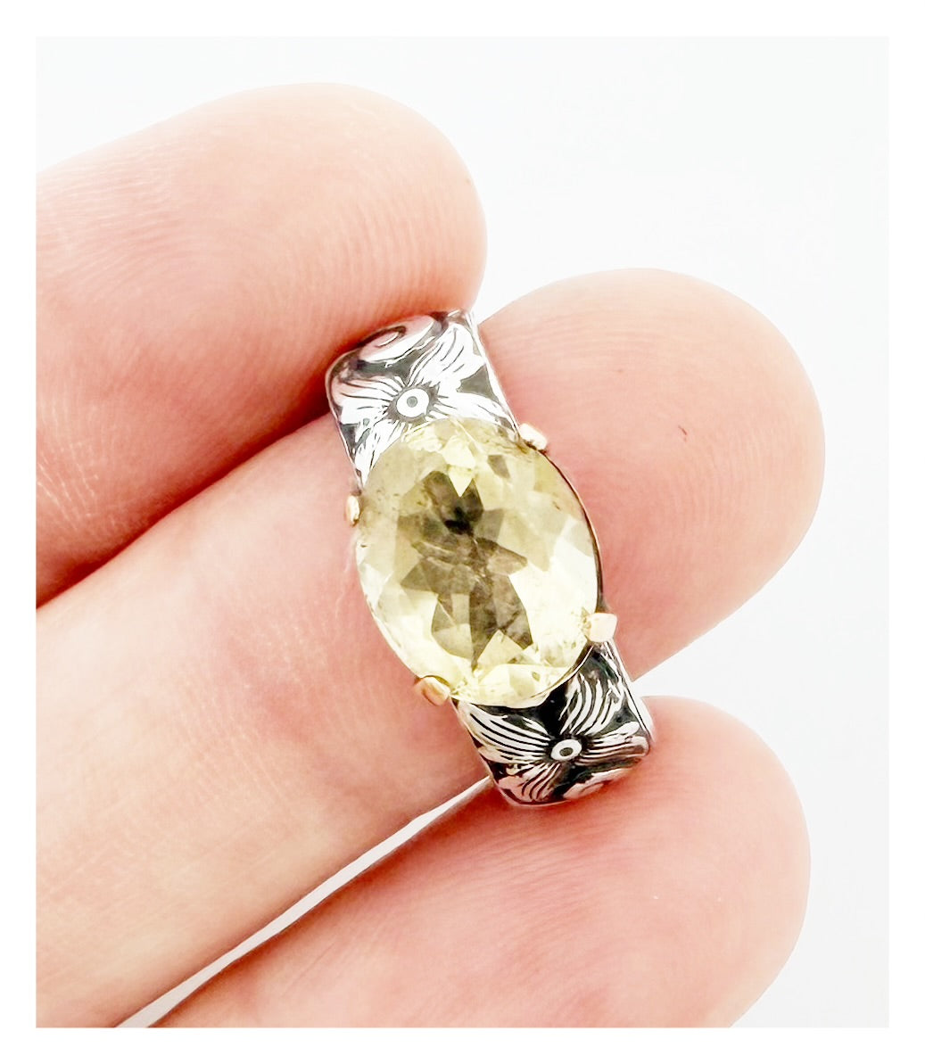 Floral Faceted Lemon Quartz Sterling Silver Band Ring