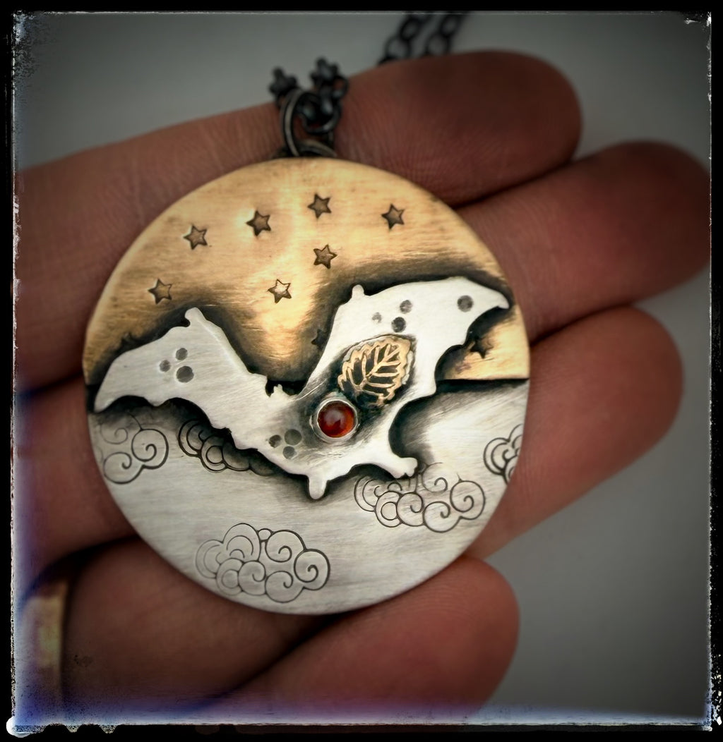 Full Moon Celestial Garnet Bat Sterling Silver Necklace