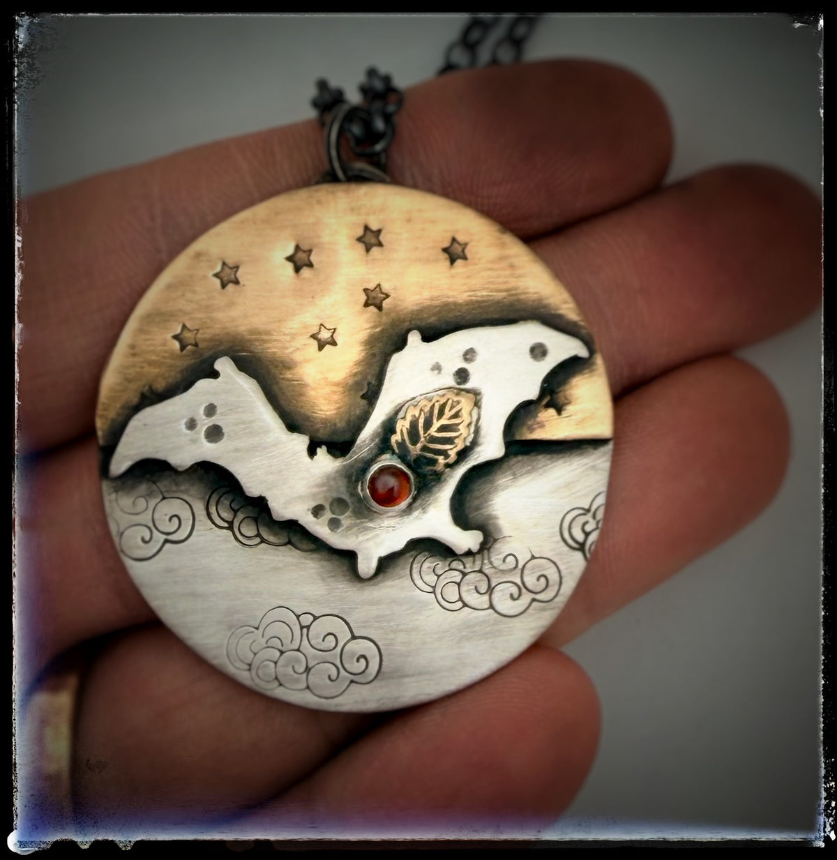 Full Moon Celestial Garnet Bat Sterling Silver Necklace