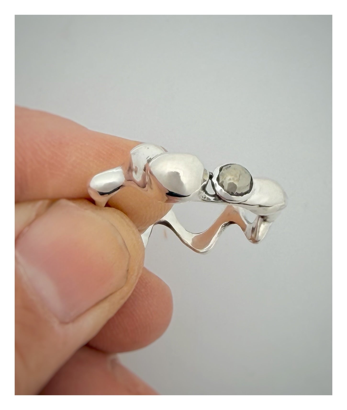 Sculptural Zig Zag Sterling Silver Gloop Ring with Rose-Cut Pyrite Gemstone ring