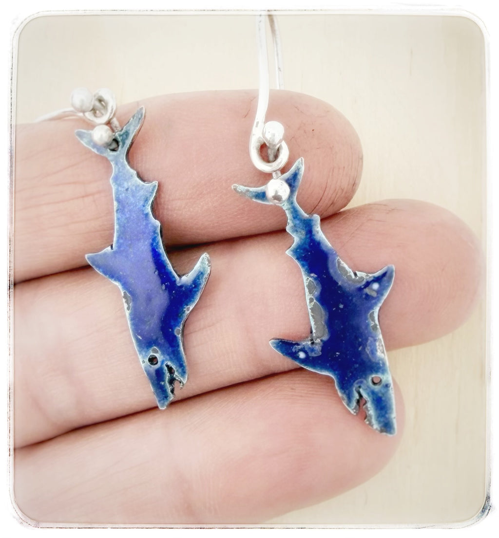 Blue Enamel Shark Dangle Earrings