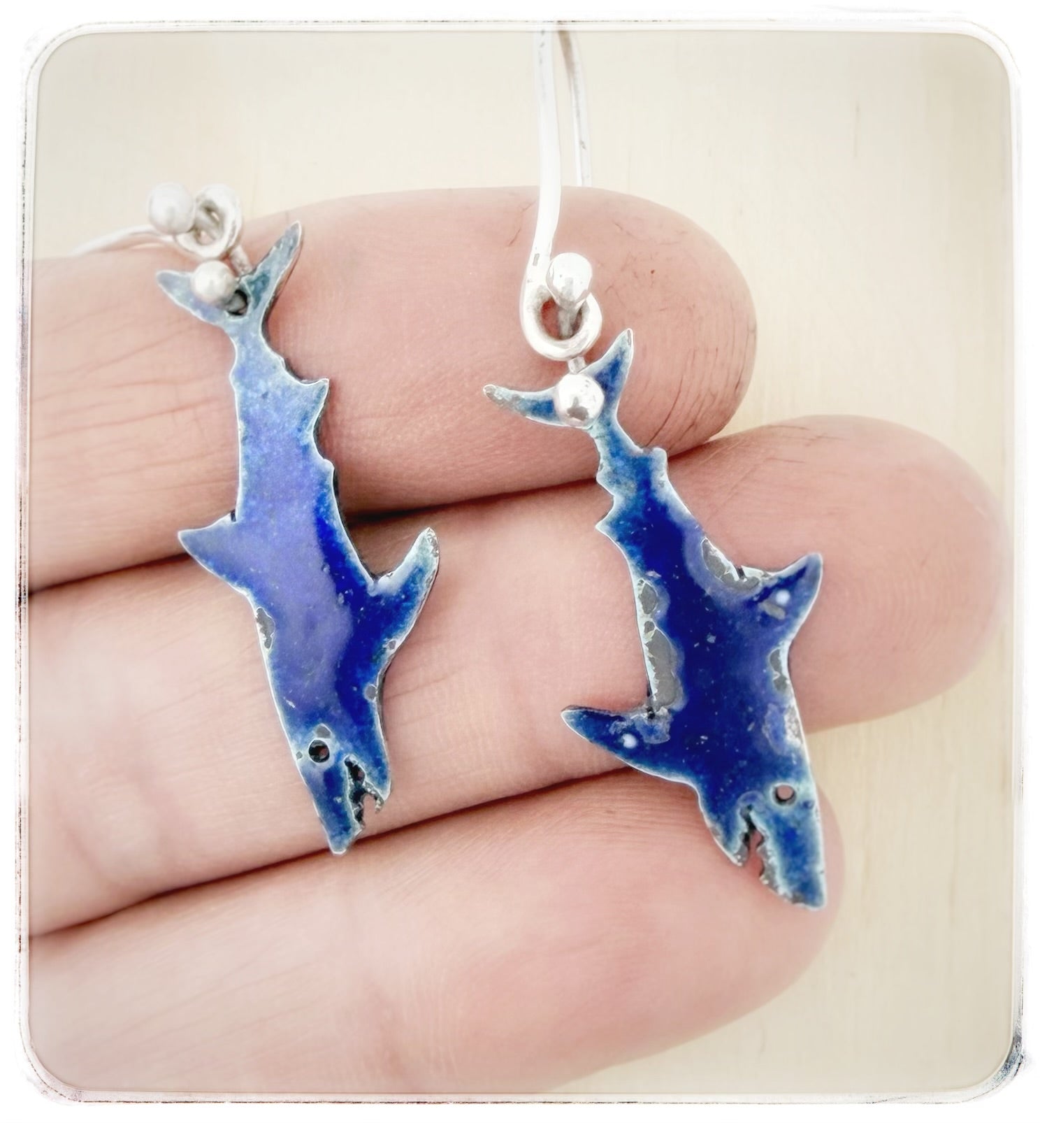 Blue Enamel Shark Dangle Earrings