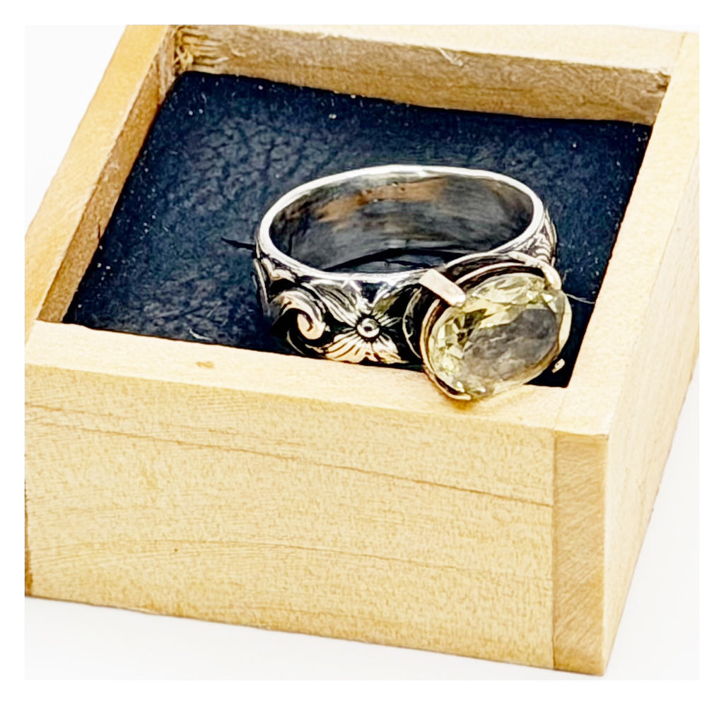 Floral Faceted Lemon Quartz Sterling Silver Band Ring