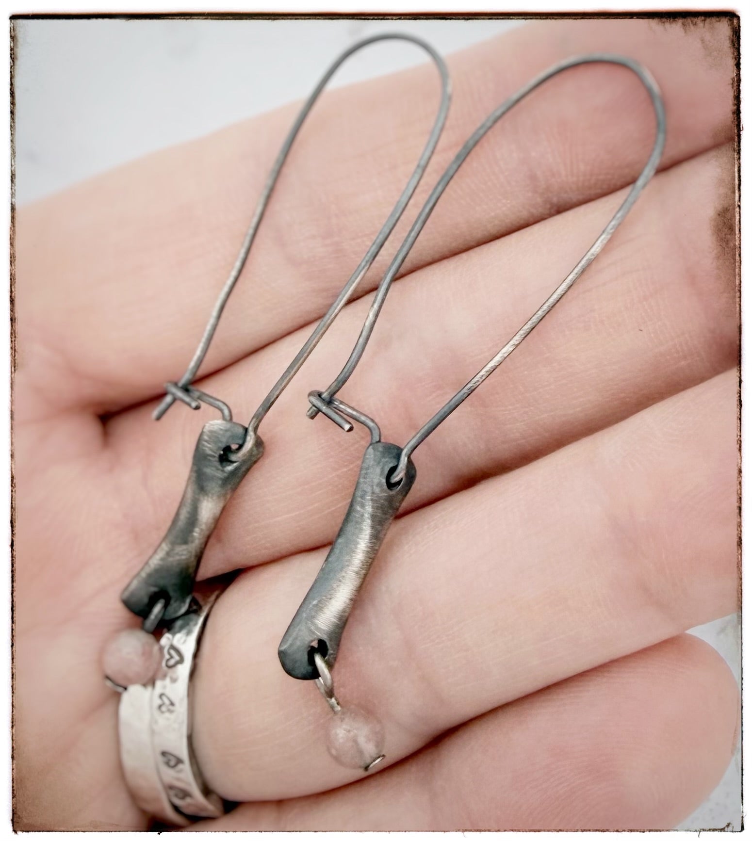 Rhodochrosite Bead Bar Dangle Earrings