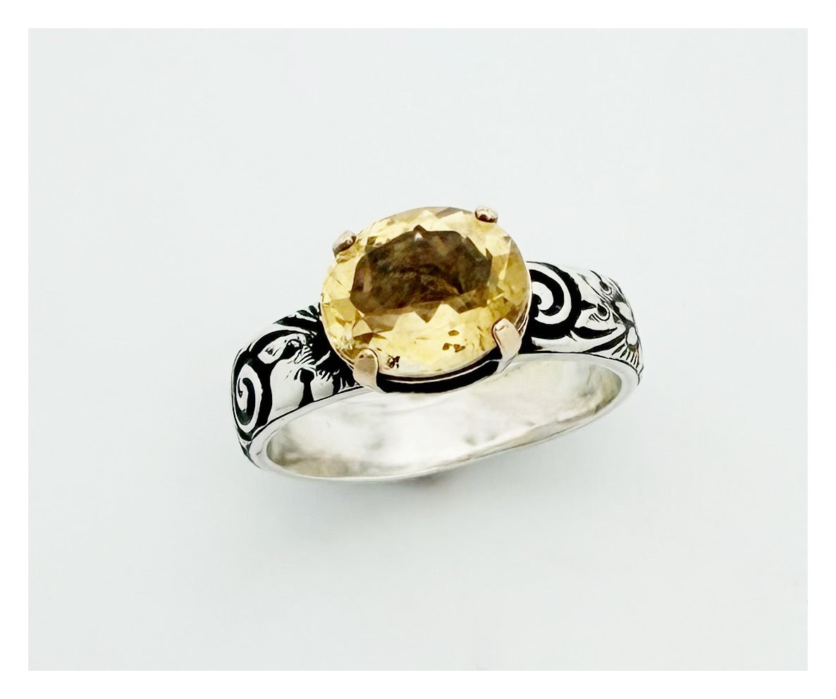 Floral Faceted Citrine Sterling Silver Band Ring