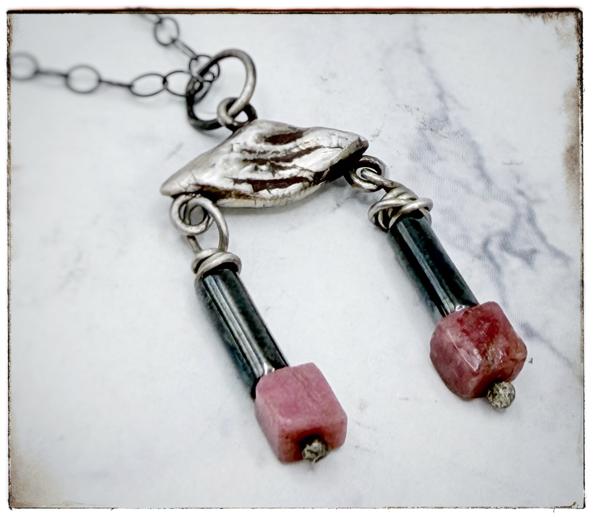 Tiny Silver Geometric Rhodonite and Hematite Bead necklace