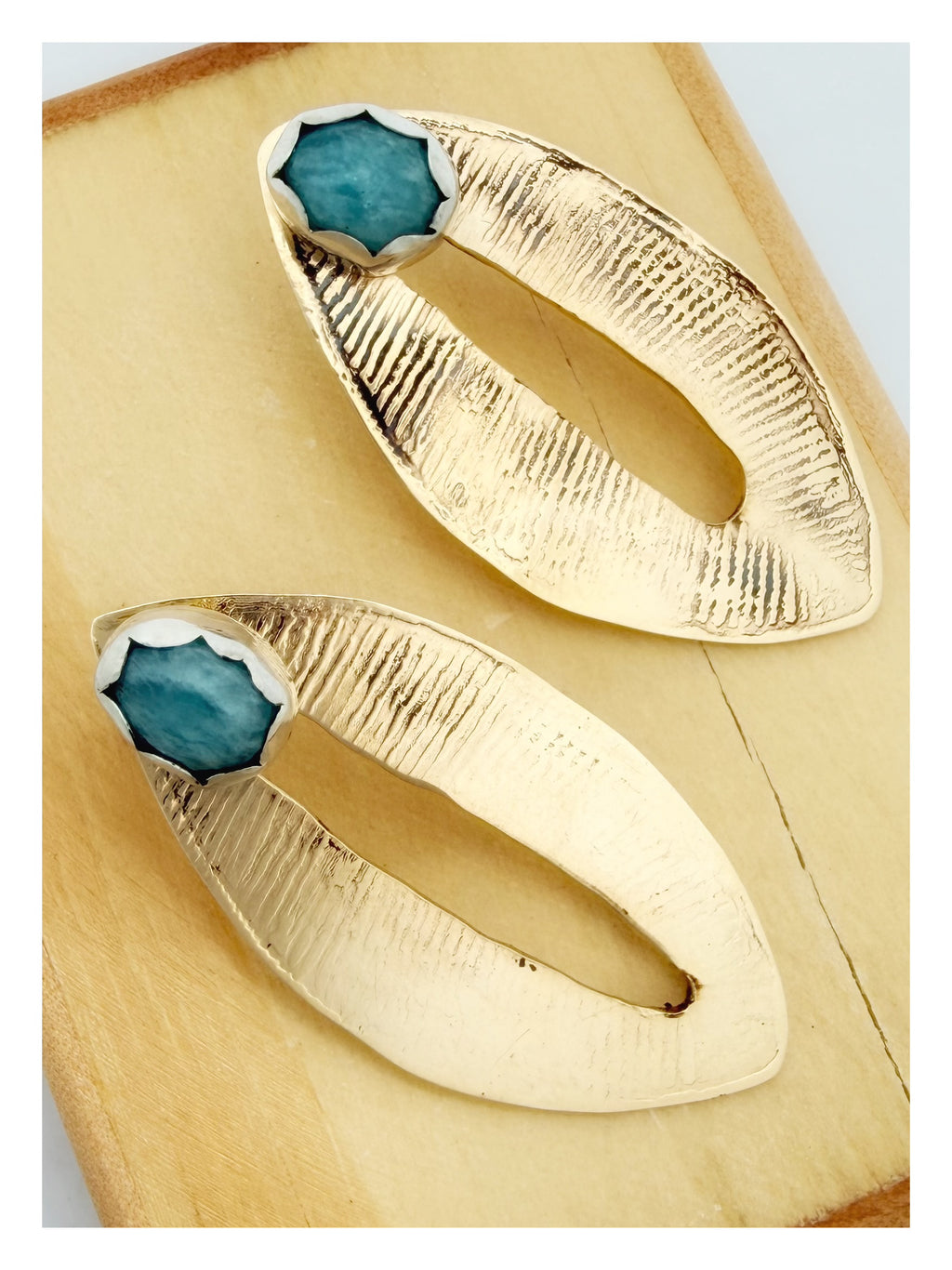 Rose-Cut Amazonite Sterling Silver with Gold Leaf Pattern Ear Jacket Earrings