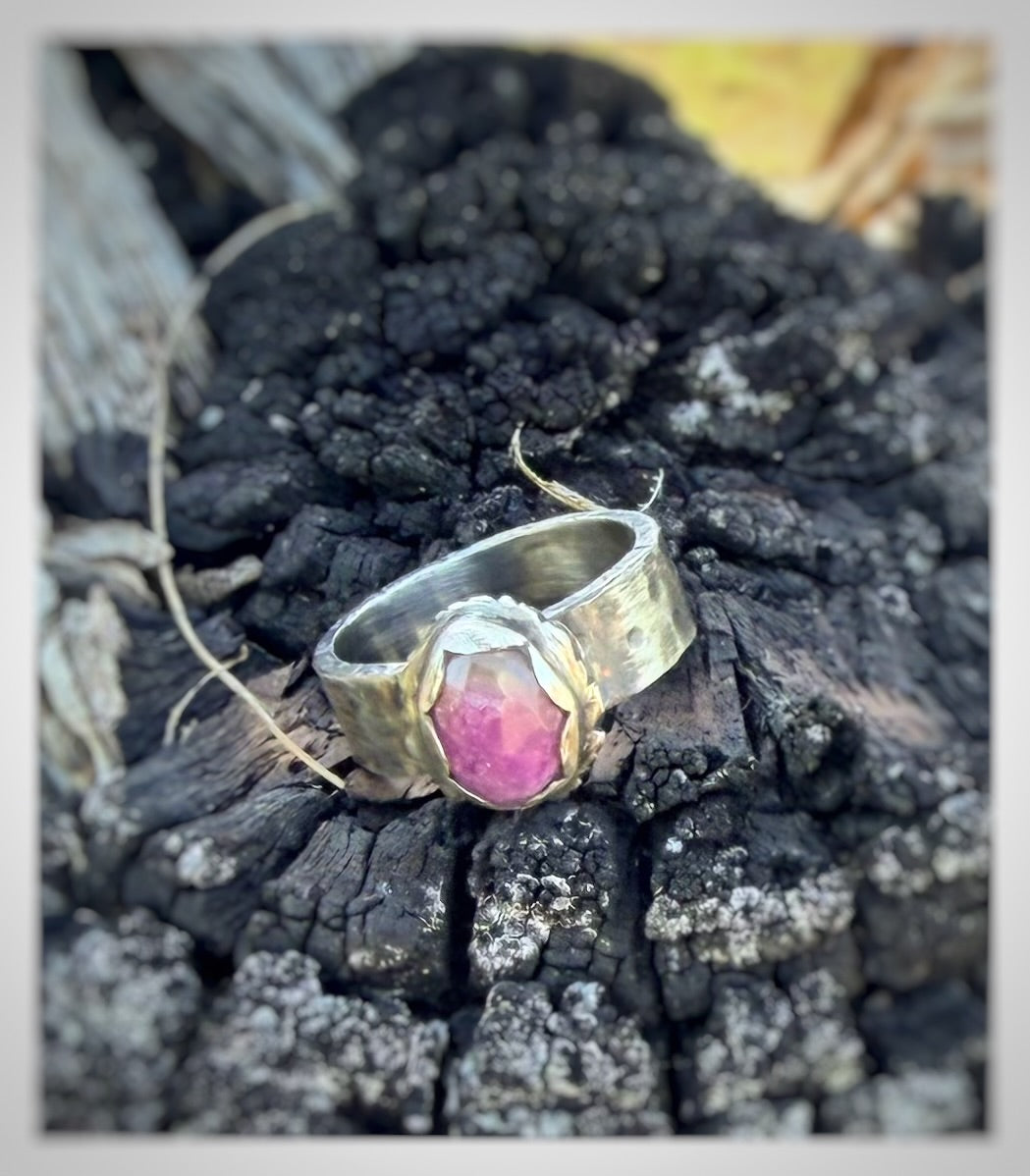 Pink Tourmaline Rose Cut Sterling Silver Ring